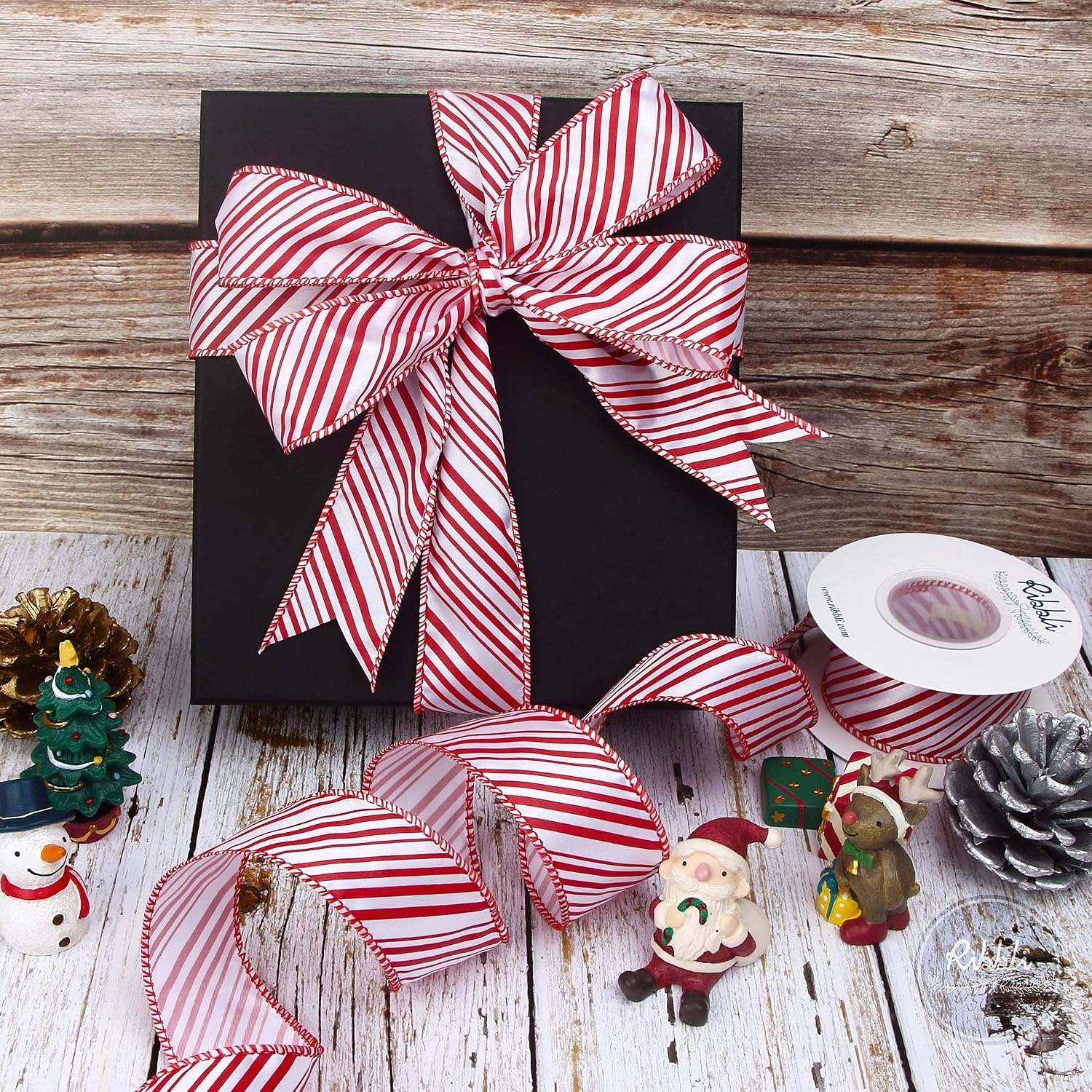 Ribbli Candy Cane Ribbon Red and White Stripe Wired Satin,2-1/2 Inch x Continuous 10 Yard,Peppermint Stripe Christmas Ribbon for Big Bow, Wreath,Tree Decoration, Outdoor Decoration(1.5 inch)