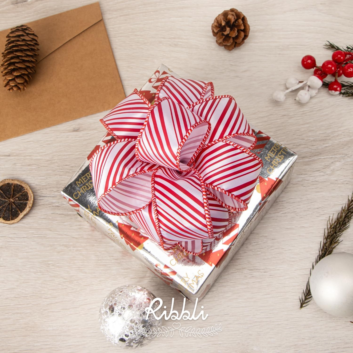 Ribbli Candy Cane Ribbon Red and White Stripe Wired Satin,2-1/2 Inch x Continuous 10 Yard,Peppermint Stripe Christmas Ribbon for Big Bow, Wreath,Tree Decoration, Outdoor Decoration(1.5 inch)