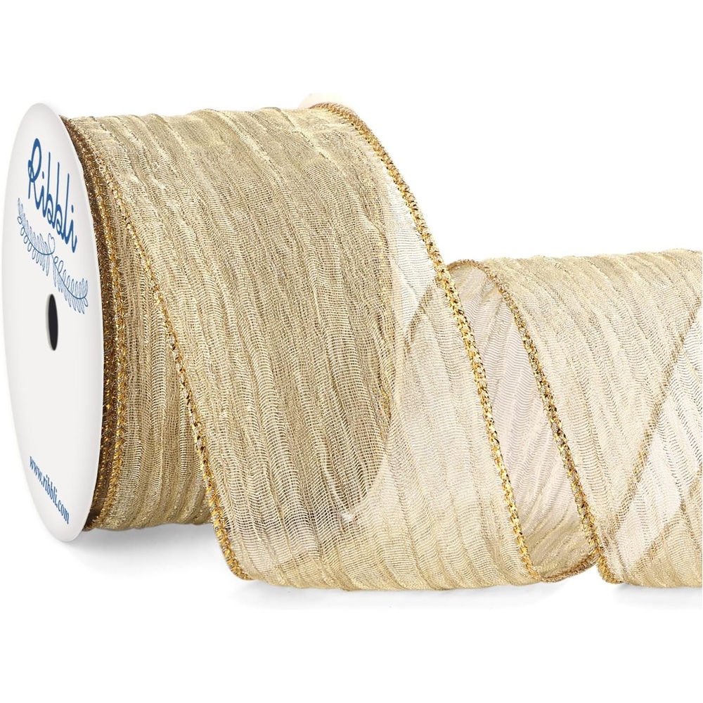 Ribbli Dusty Blue Crinkled Wired Ribbon 2.5 Inch with Metallic Wavy Christmas Ribbon for Cristmas Tree Topper Bow Wreaths Swags Gift Wrapping Wedding Decoration-Countinuous 10 Yard(Light Champagne)