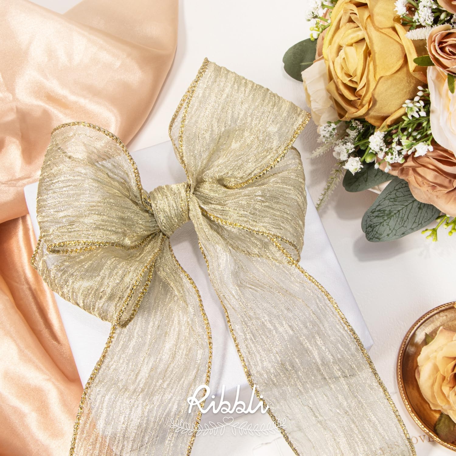Ribbli Dusty Blue Crinkled Wired Ribbon 2.5 Inch with Metallic Wavy Christmas Ribbon for Cristmas Tree Topper Bow Wreaths Swags Gift Wrapping Wedding Decoration-Countinuous 10 Yard(Light Champagne)