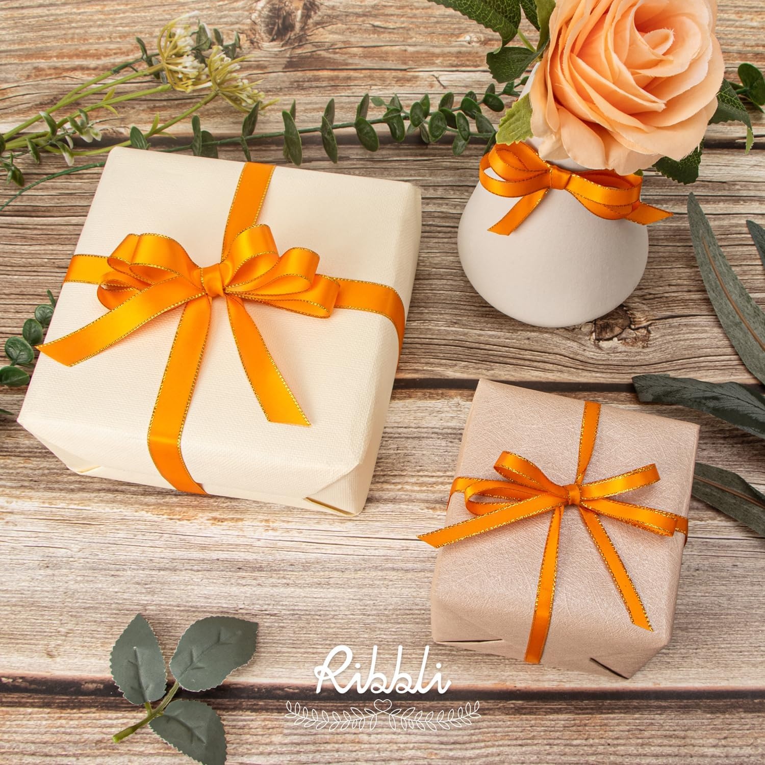 Ribbli Pearl Pink Satin Ribbon with Silver Edge,Double Faced Satin 3/8 inch x Continuous 50 Yards, Pearl Pink Ribbon Use for Crafts, Gift Wrapping, Wedding Card Decoration(Tangerine/Gold)