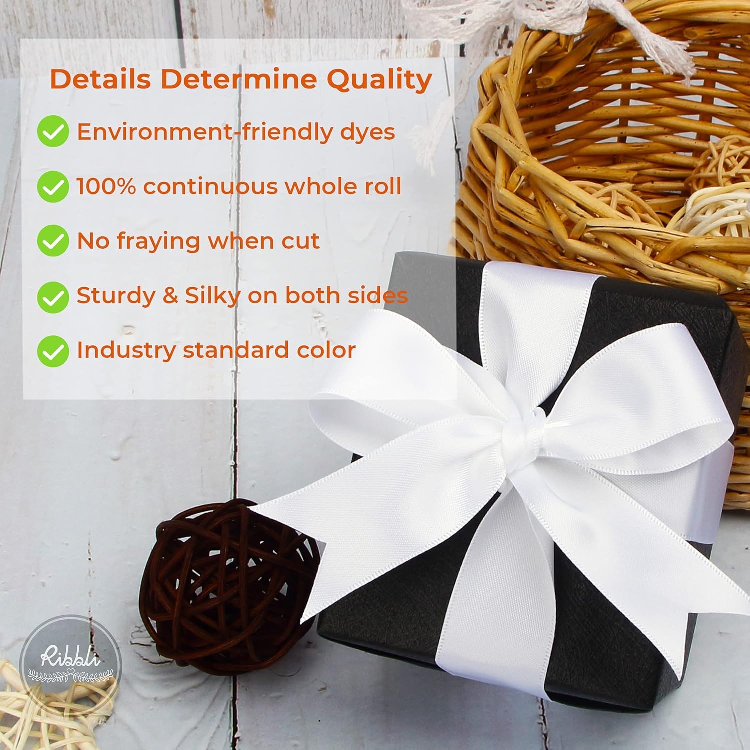 Ribbli Double Faced Rose Gold Satin Ribbon,3/8 x Continuous 25 Yards,Use for Bows Bouquet,Gift Wrapping,Floral Arrangement(White)