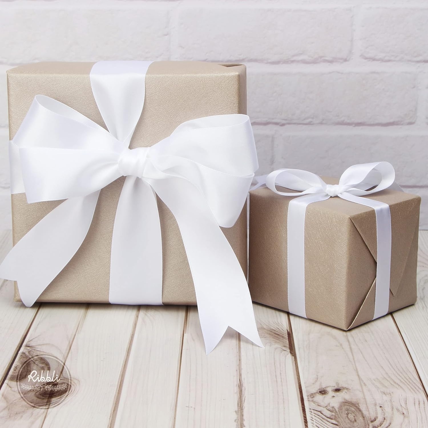 Ribbli Double Faced Rose Gold Satin Ribbon,3/8 x Continuous 25 Yards,Use for Bows Bouquet,Gift Wrapping,Floral Arrangement(White)