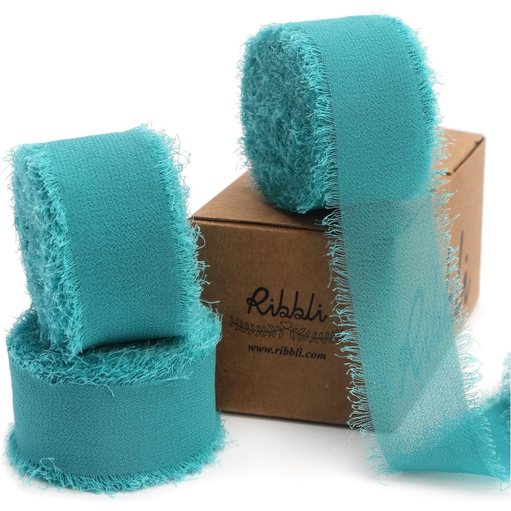Ribbli Creamy Sage Ribbon 1 Inch x 3 Rolls Total 24 Yards Light Green Handmade Fringe Chiffon Silk Ribbon for Wrapping Wedding Invitations Bridal Bouquets DIY Crafts Home Decor(Teal)