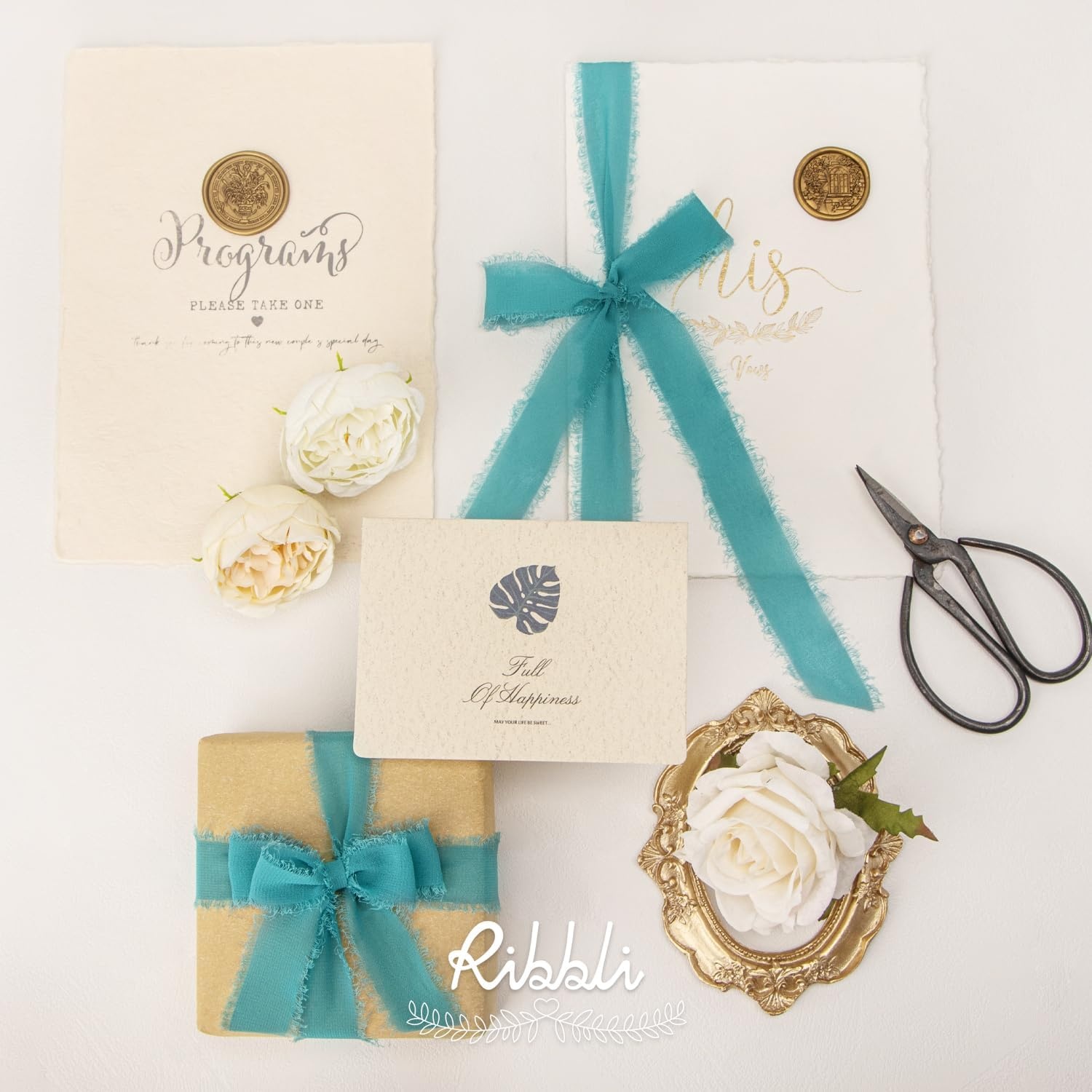 Ribbli Creamy Sage Ribbon 1 Inch x 3 Rolls Total 24 Yards Light Green Handmade Fringe Chiffon Silk Ribbon for Wrapping Wedding Invitations Bridal Bouquets DIY Crafts Home Decor(Teal)