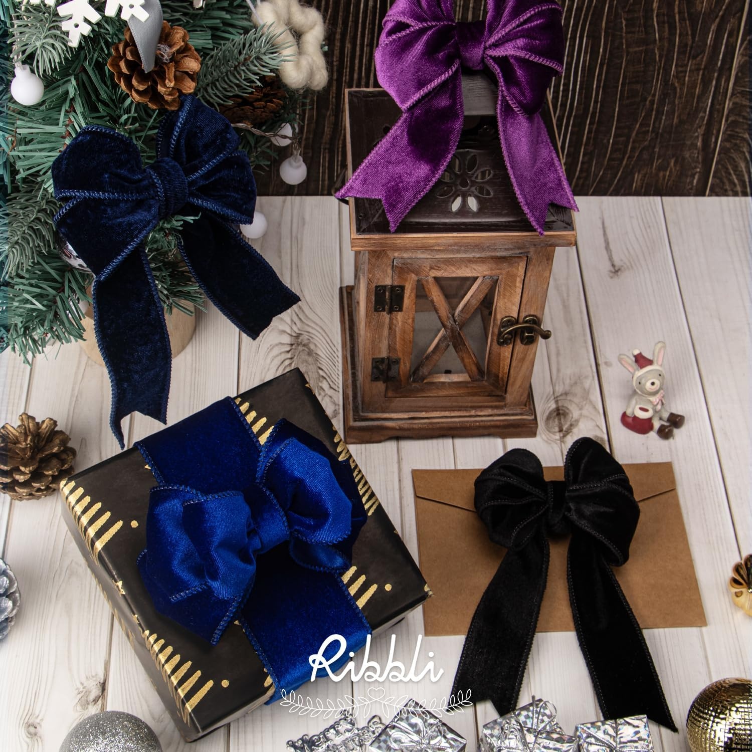 Ribbli Dusty Green Velvet Wired Ribbon 4 Inch Sage Velvet with Satin Christmas Ribbon for Gift Wrapping Christmas Tree Decoration Crafts Wreaths Supplies-Continuous 10 Yards(Black)