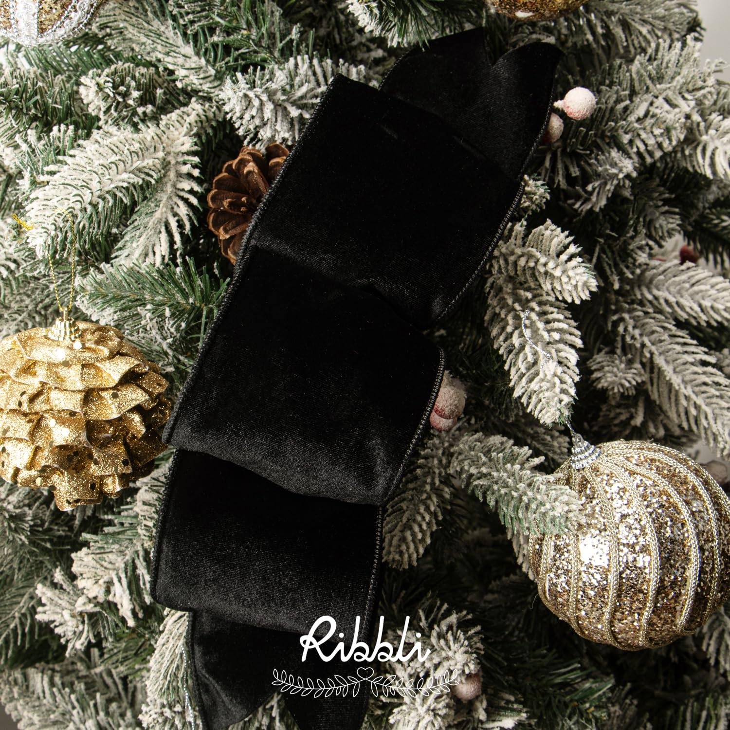 Ribbli Dusty Green Velvet Wired Ribbon 4 Inch Sage Velvet with Satin Christmas Ribbon for Gift Wrapping Christmas Tree Decoration Crafts Wreaths Supplies-Continuous 10 Yards(Black)