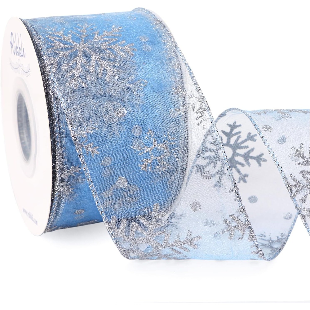 Ribbli Christmas Snowflake Glitter Wired Organza Sheer Ribbon, 2-1/2 Inch x 20 Yards Champagne with Gold Glitter Snowflake Pattern for Tree Decoration(Light Blue/Silver)