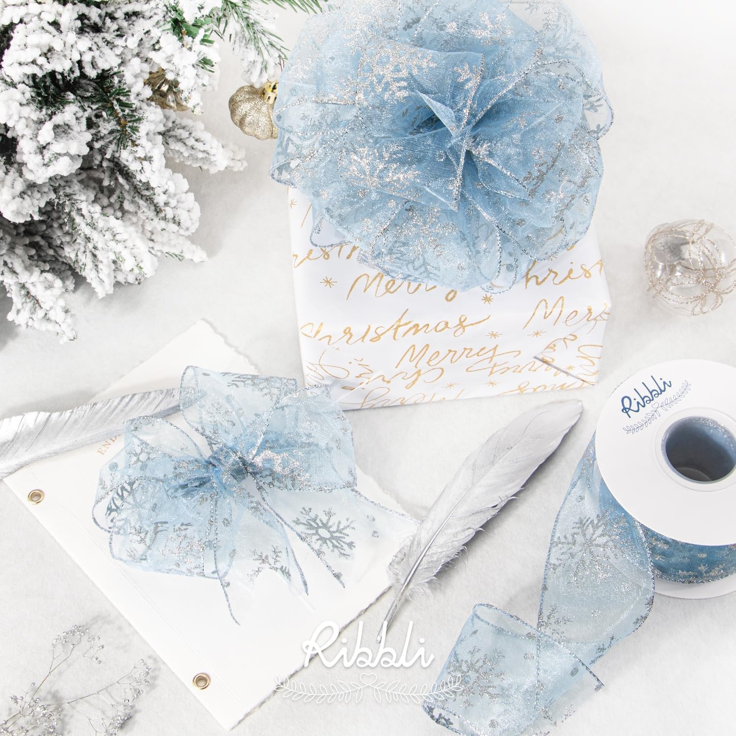 Ribbli Christmas Snowflake Glitter Wired Organza Sheer Ribbon, 2-1/2 Inch x 20 Yards Champagne with Gold Glitter Snowflake Pattern for Tree Decoration(Light Blue/Silver)