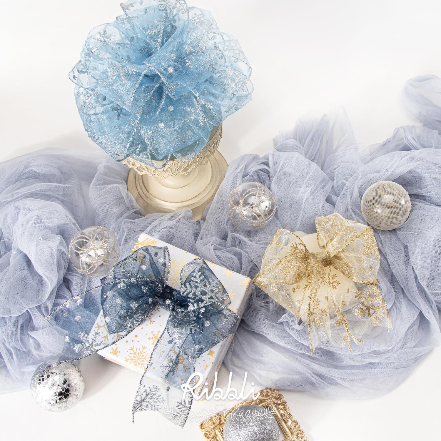 Ribbli Christmas Snowflake Glitter Wired Organza Sheer Ribbon, 2-1/2 Inch x 20 Yards Champagne with Gold Glitter Snowflake Pattern for Tree Decoration(Light Blue/Silver)