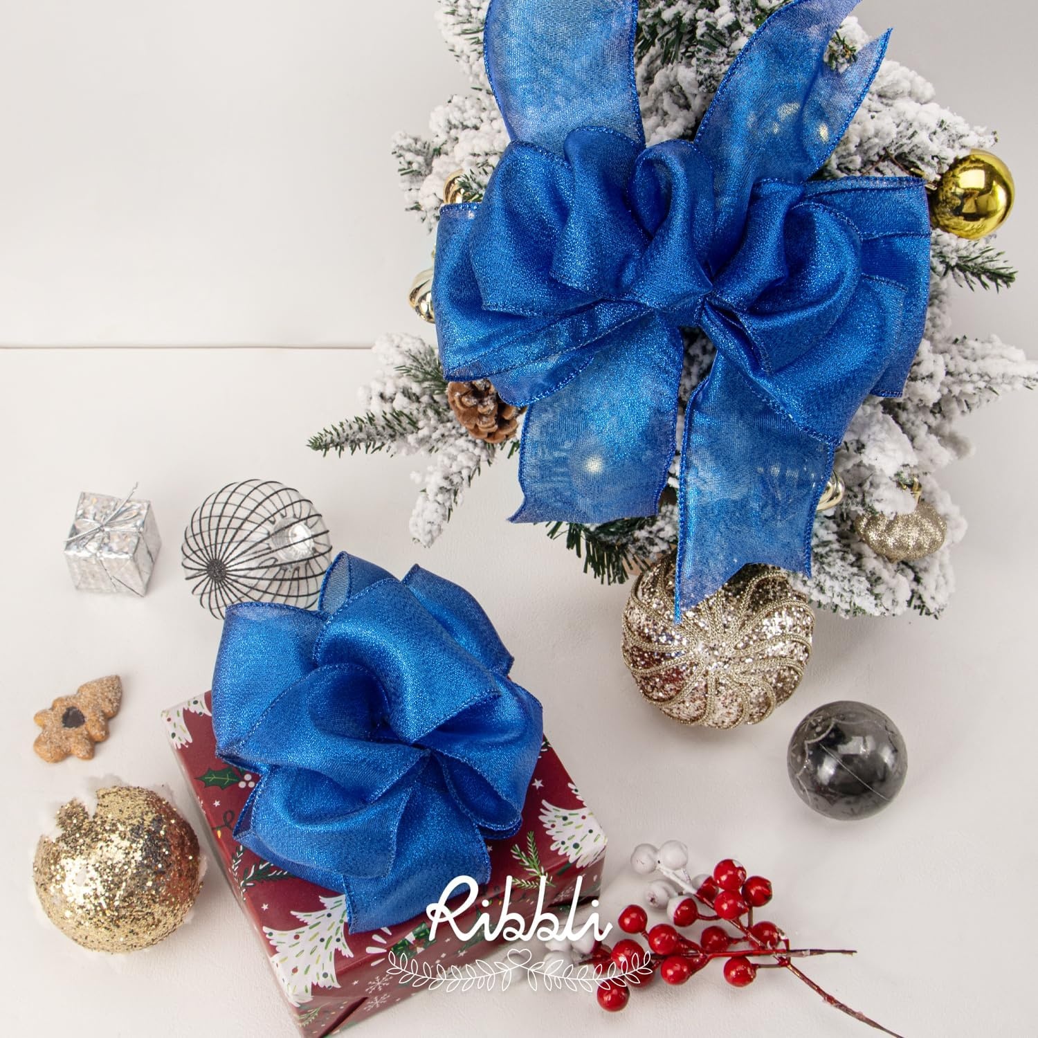 Ribbli Metallic Emerlad Green Wired Ribbon,2-1/2 Inch x Continuous 10 Yard, Deluxe Green Glitter,Christmas Ribbon for Crafts,Wreaths,Big Bow,Gift Wrapping, Christmas Tree Decoration(Royal Blue)