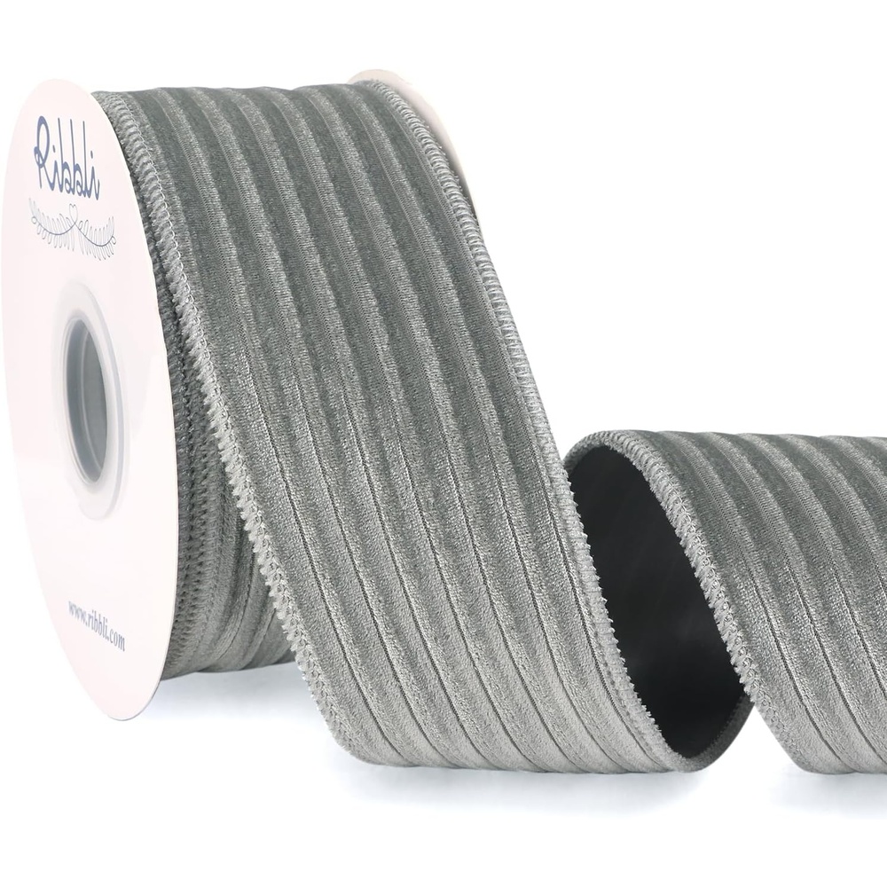 Ribbli Glossy Dusty Green Velvet Wired Ribbon 2.5 Inch Striped Velvet Christmas Ribbon for Gift Wrapping Christmas Tree Decoration Crafts Wreaths Supplies-Continuous 10 Yards(Dusty Green)