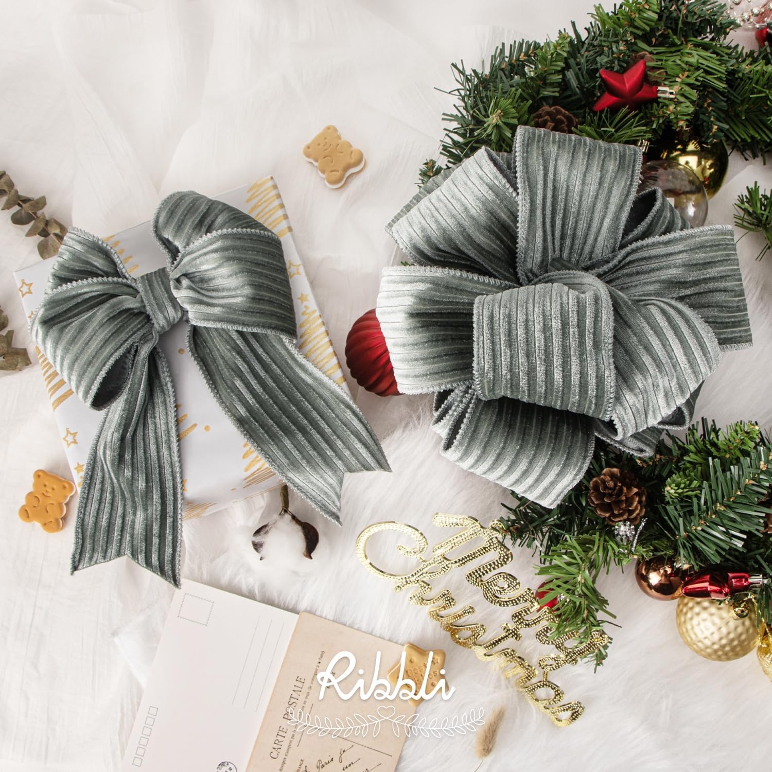 Ribbli Glossy Dusty Green Velvet Wired Ribbon 2.5 Inch Striped Velvet Christmas Ribbon for Gift Wrapping Christmas Tree Decoration Crafts Wreaths Supplies-Continuous 10 Yards(Dusty Green)