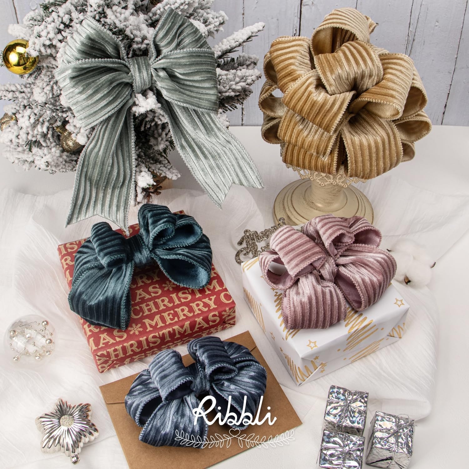 Ribbli Glossy Dusty Green Velvet Wired Ribbon 2.5 Inch Striped Velvet Christmas Ribbon for Gift Wrapping Christmas Tree Decoration Crafts Wreaths Supplies-Continuous 10 Yards(Dusty Green)
