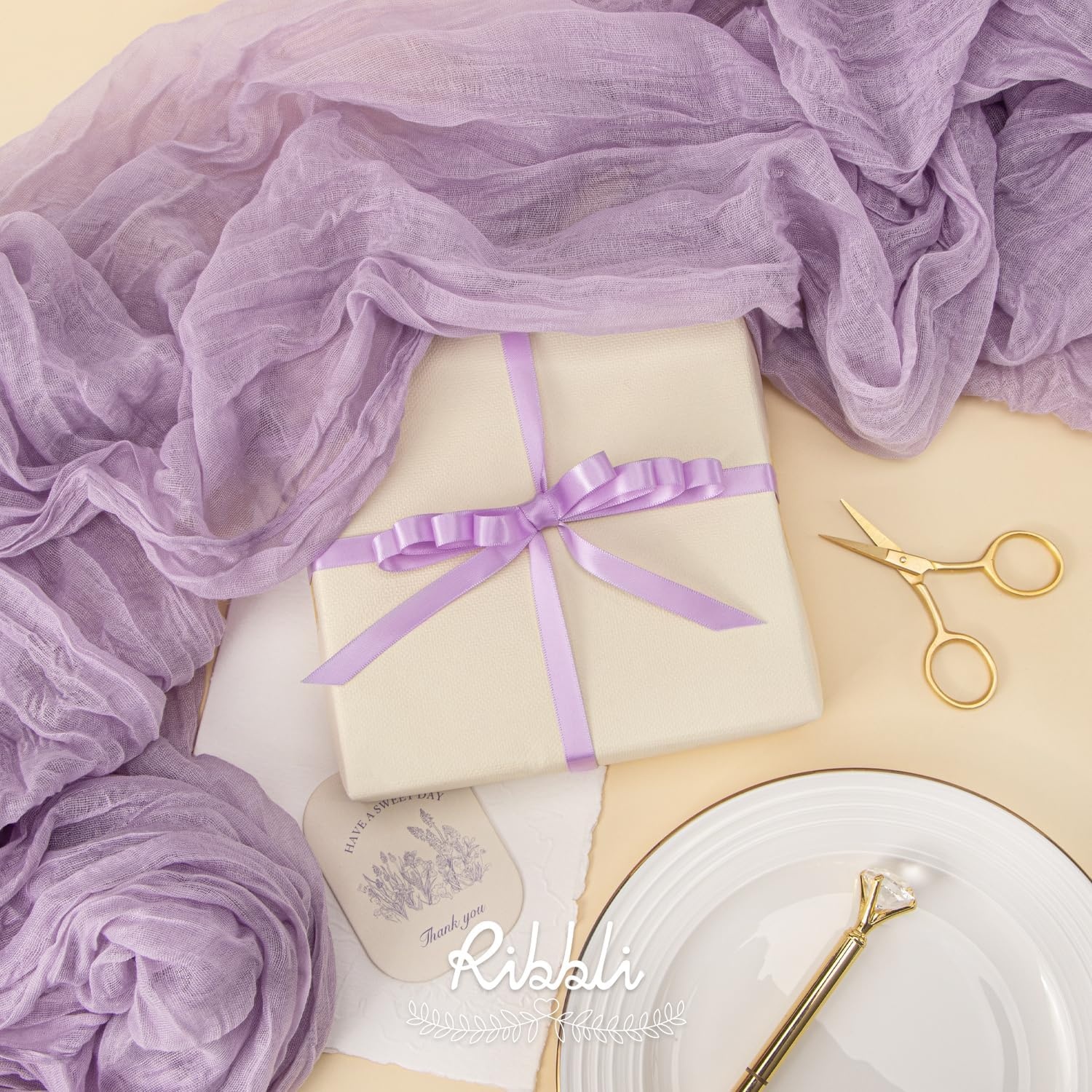 Ribbli Champagne Gold Satin Ribbon Double Faced Satin 3/8 Inch x Continuous 50 Yards-Champagne Ribbon for Gift Wrapping Crafts Wedding Decoration Bows Bouquet Floral Arrangement(Orchid Light)