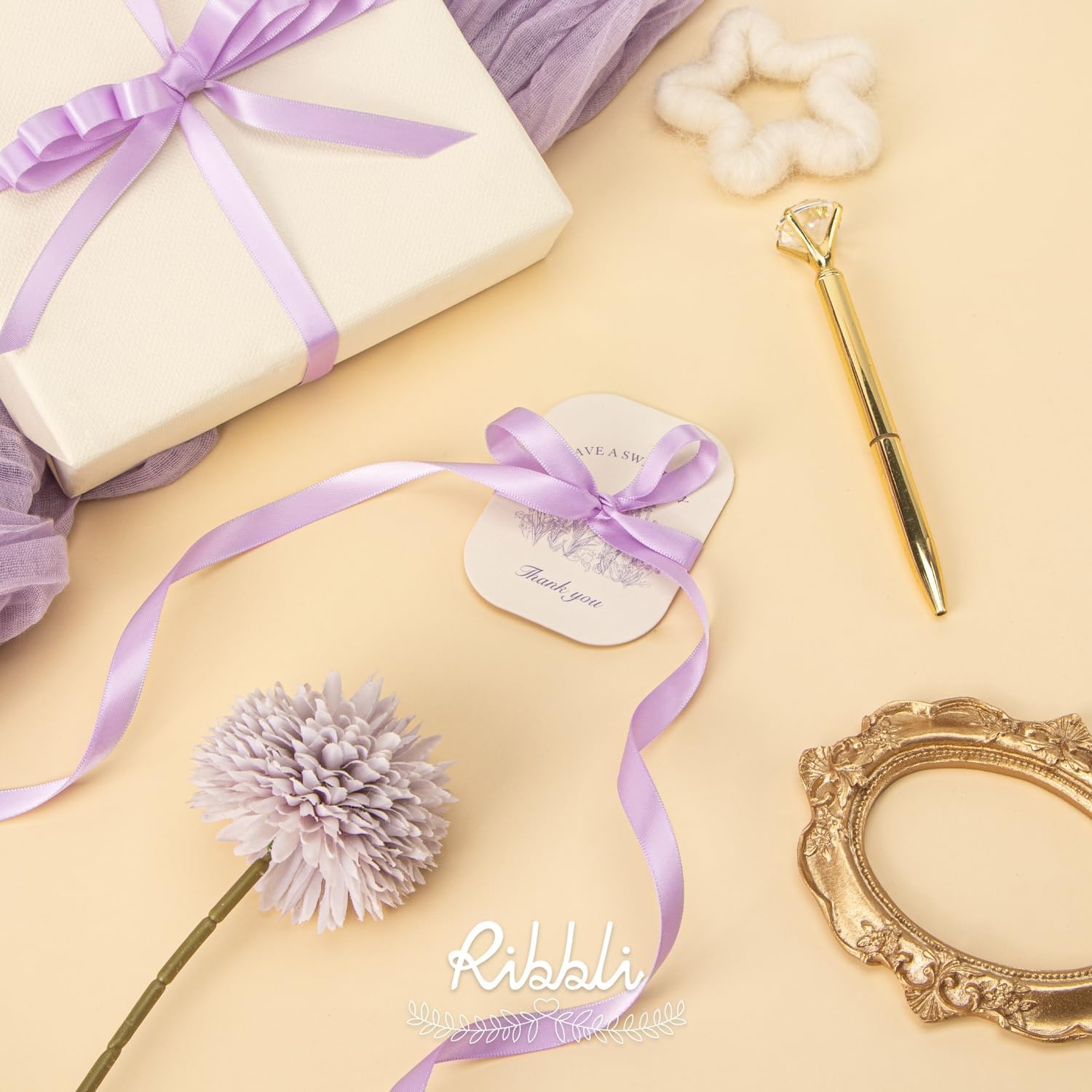 Ribbli Champagne Gold Satin Ribbon Double Faced Satin 3/8 Inch x Continuous 50 Yards-Champagne Ribbon for Gift Wrapping Crafts Wedding Decoration Bows Bouquet Floral Arrangement(Orchid Light)