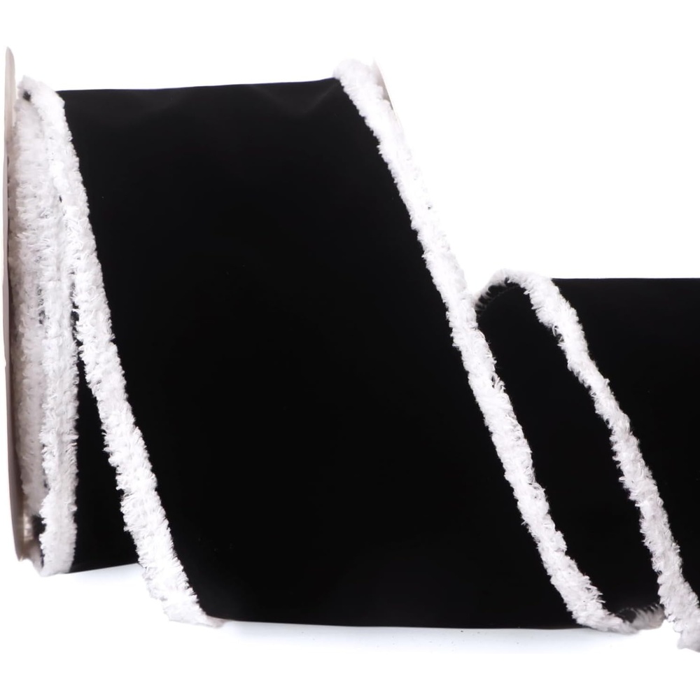 Ribbli Black Velvet Wired Ribbon with White Snow Drift Edge, 4 Inch x 10 Yard Christmas Ribbon for Big Bow,Gift Wrapping,Wreath,Tree Decoration(Black/White)