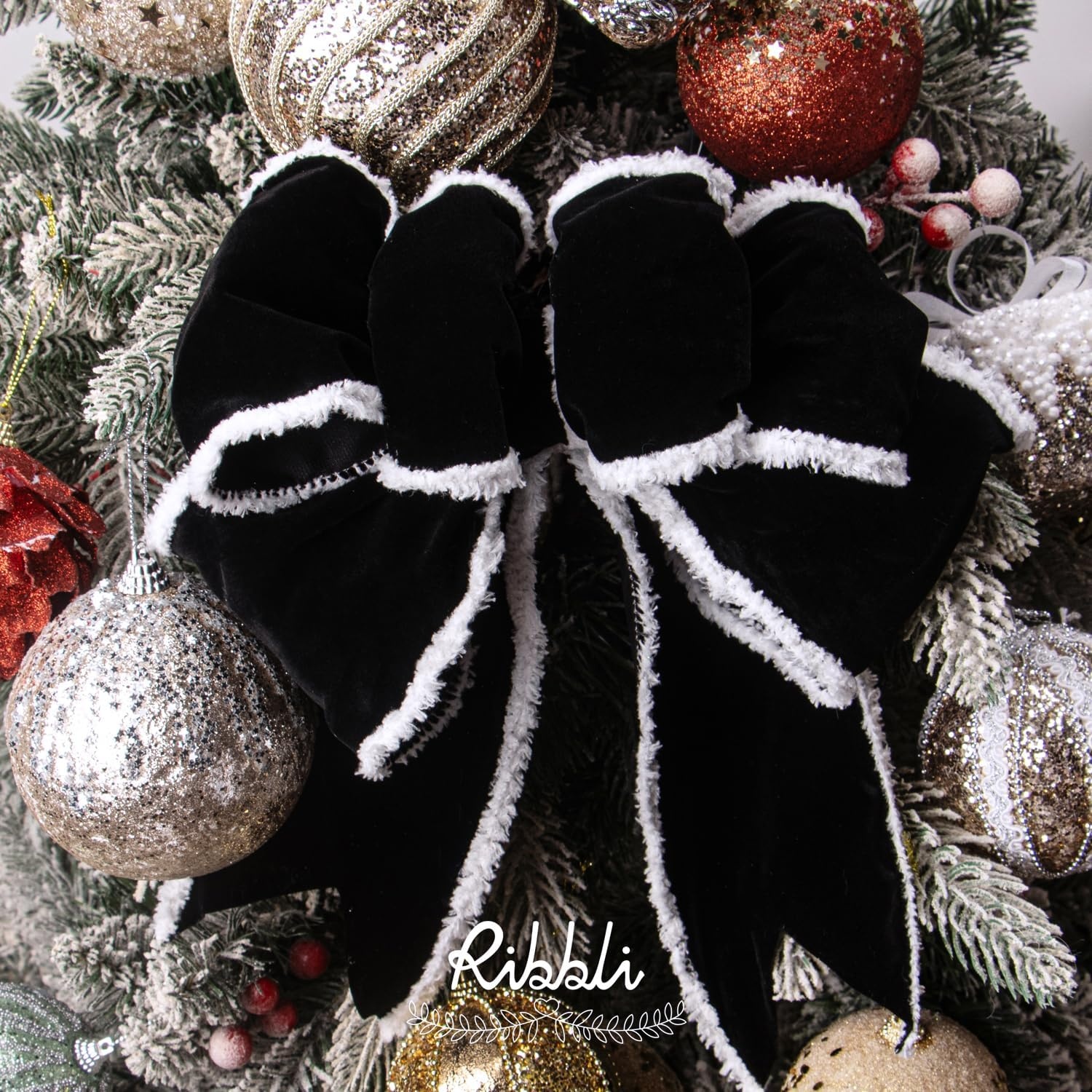 Ribbli Black Velvet Wired Ribbon with White Snow Drift Edge, 4 Inch x 10 Yard Christmas Ribbon for Big Bow,Gift Wrapping,Wreath,Tree Decoration(Black/White)