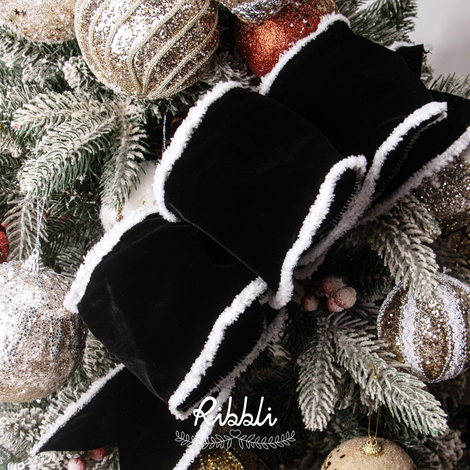 Ribbli Black Velvet Wired Ribbon with White Snow Drift Edge, 4 Inch x 10 Yard Christmas Ribbon for Big Bow,Gift Wrapping,Wreath,Tree Decoration(Black/White)