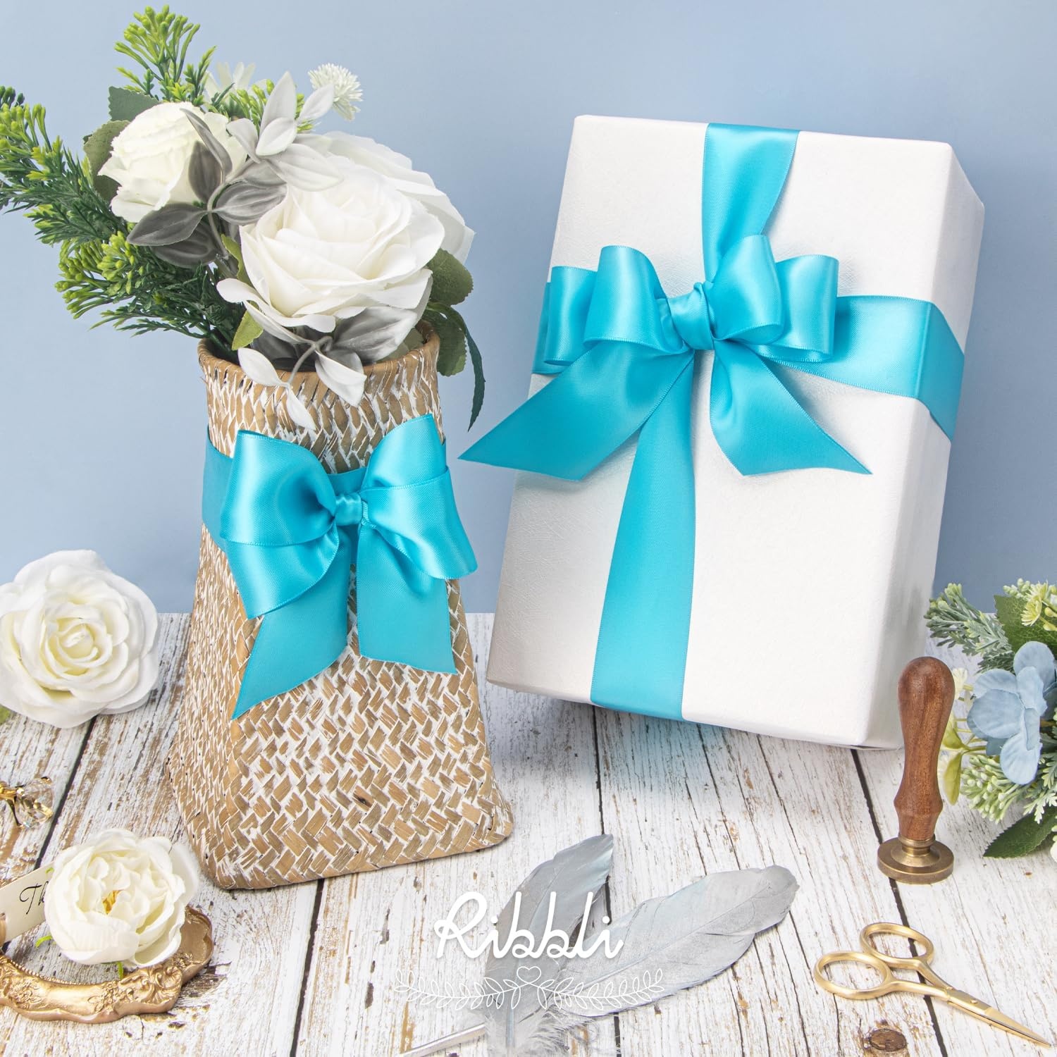 Ribbli Double Faced Rose Gold Satin Ribbon,3/8 x Continuous 25 Yards,Use for Bows Bouquet,Gift Wrapping,Floral Arrangement(Blue Turquoise)