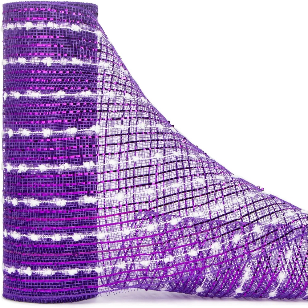 Ribbli Christmas Tree Decor, Metallic Mesh Ribbon, 10 in x 30 ft (10 Yards), Red with Wide Foil, for Wreaths & Trees(Purple/White)