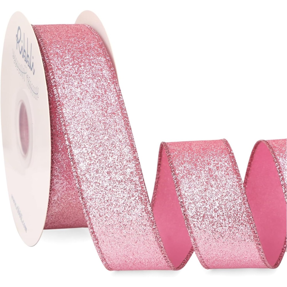 Ribbli Champagne Gold Glitter Wired Ribbon with Metallic Edge, Christmas Ribbon for Wreath, Christmas Tree Decoration, Gift Wrapping, Home Decor, 1-1/2 Inch x 20 Yards(Pink)