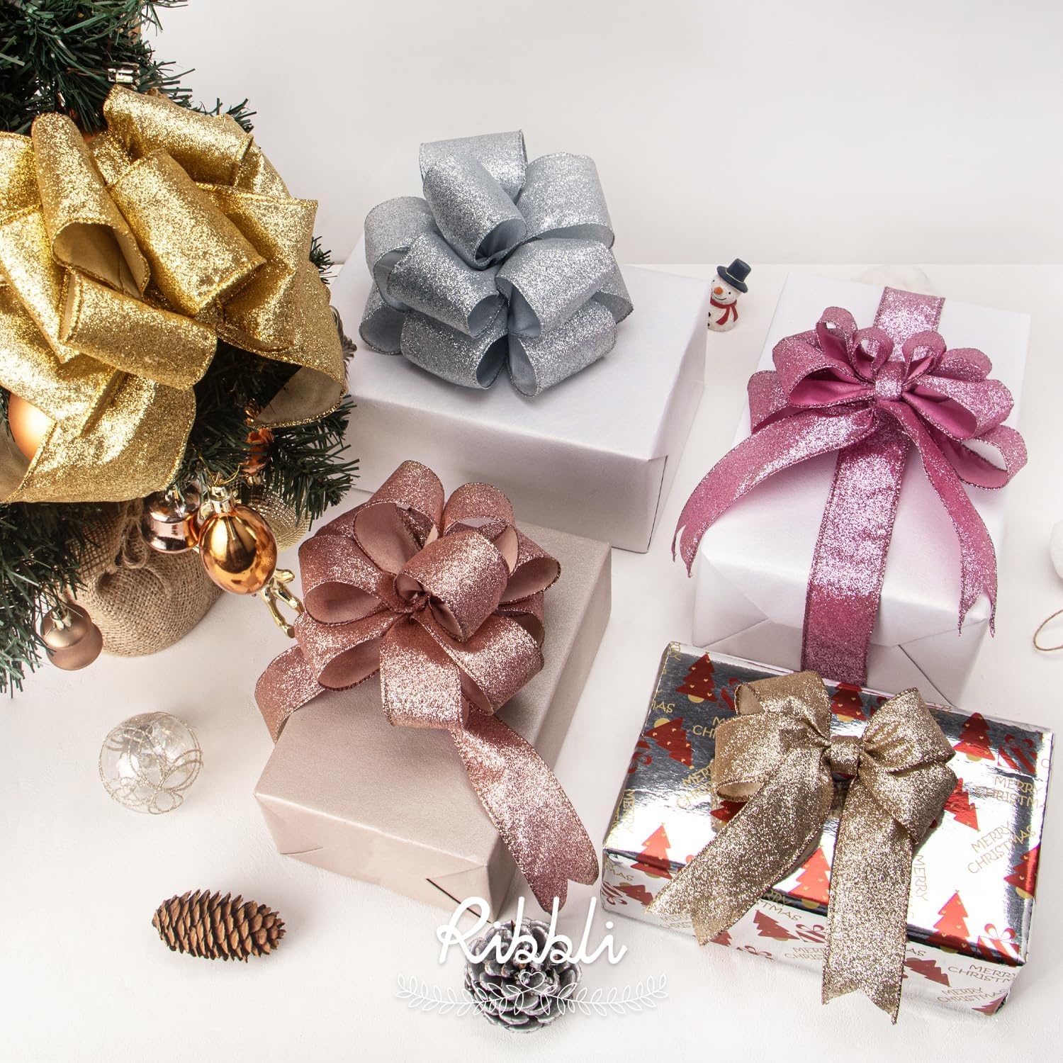 Ribbli Champagne Gold Glitter Wired Ribbon with Metallic Edge, Christmas Ribbon for Wreath, Christmas Tree Decoration, Gift Wrapping, Home Decor, 1-1/2 Inch x 20 Yards(Pink)