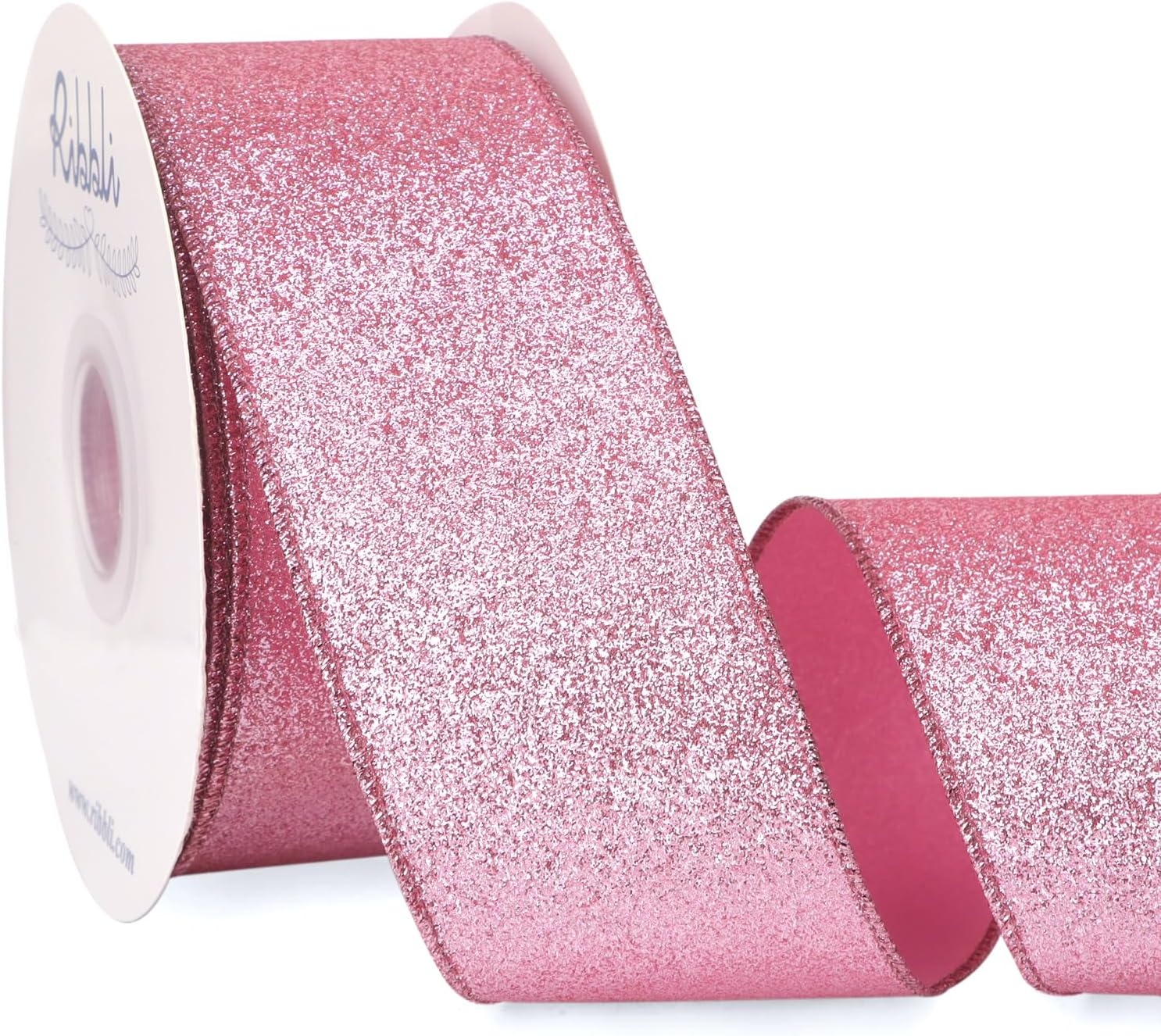 Ribbli Champagne Gold Glitter Wired Ribbon with Metallic Edge, Christmas Ribbon for Wreath, Christmas Tree Decoration, Gift Wrapping, Home Decor, 1-1/2 Inch x 20 Yards(Pink)