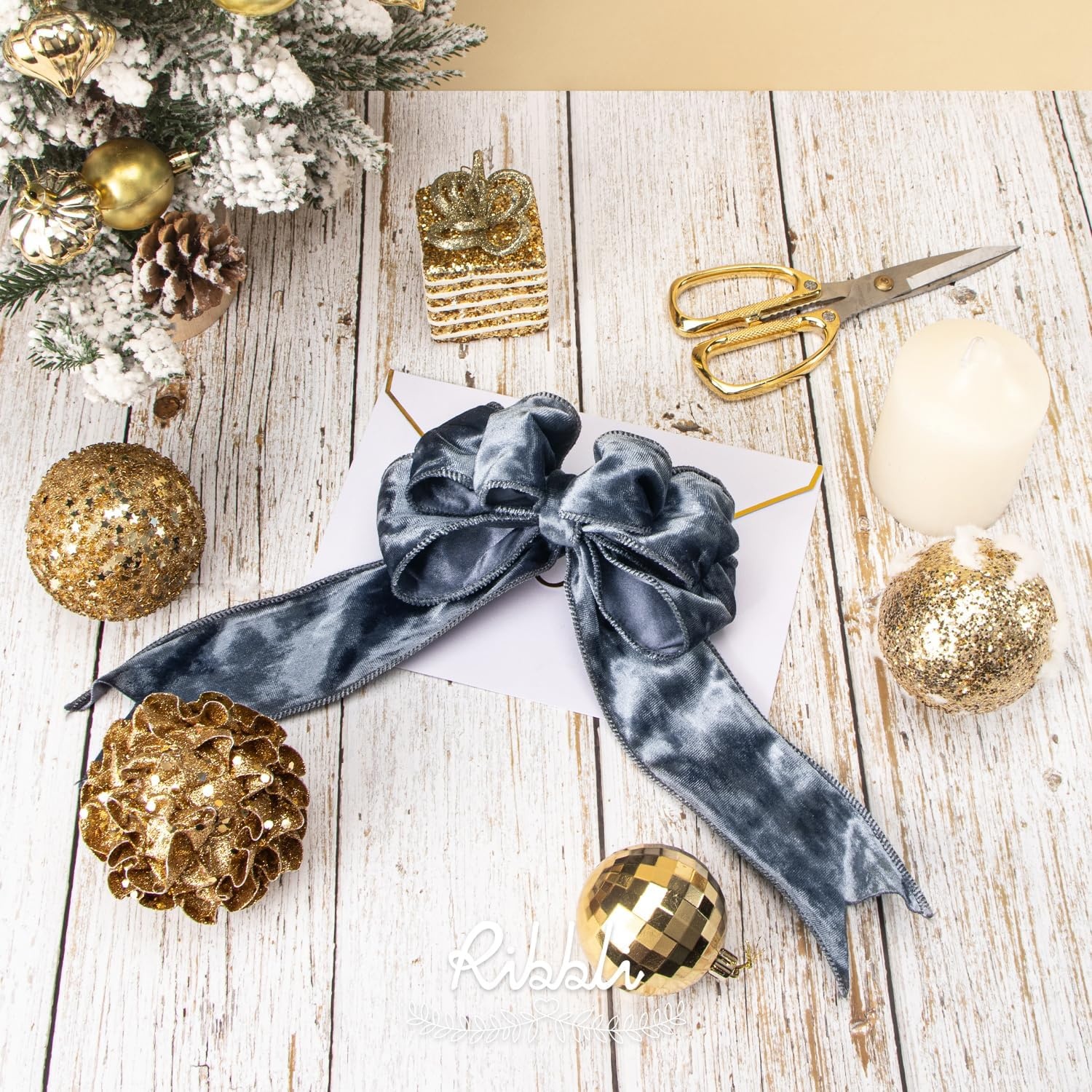 Ribbli Royal Blue Velvet Wired Ribbon 4 Inch Crushed Velvet Christmas Ribbon for Gift Wrapping Christmas Tree Decoration Crafts Wreaths Supplies-Continuous 10 Yards(Dusty Blue)