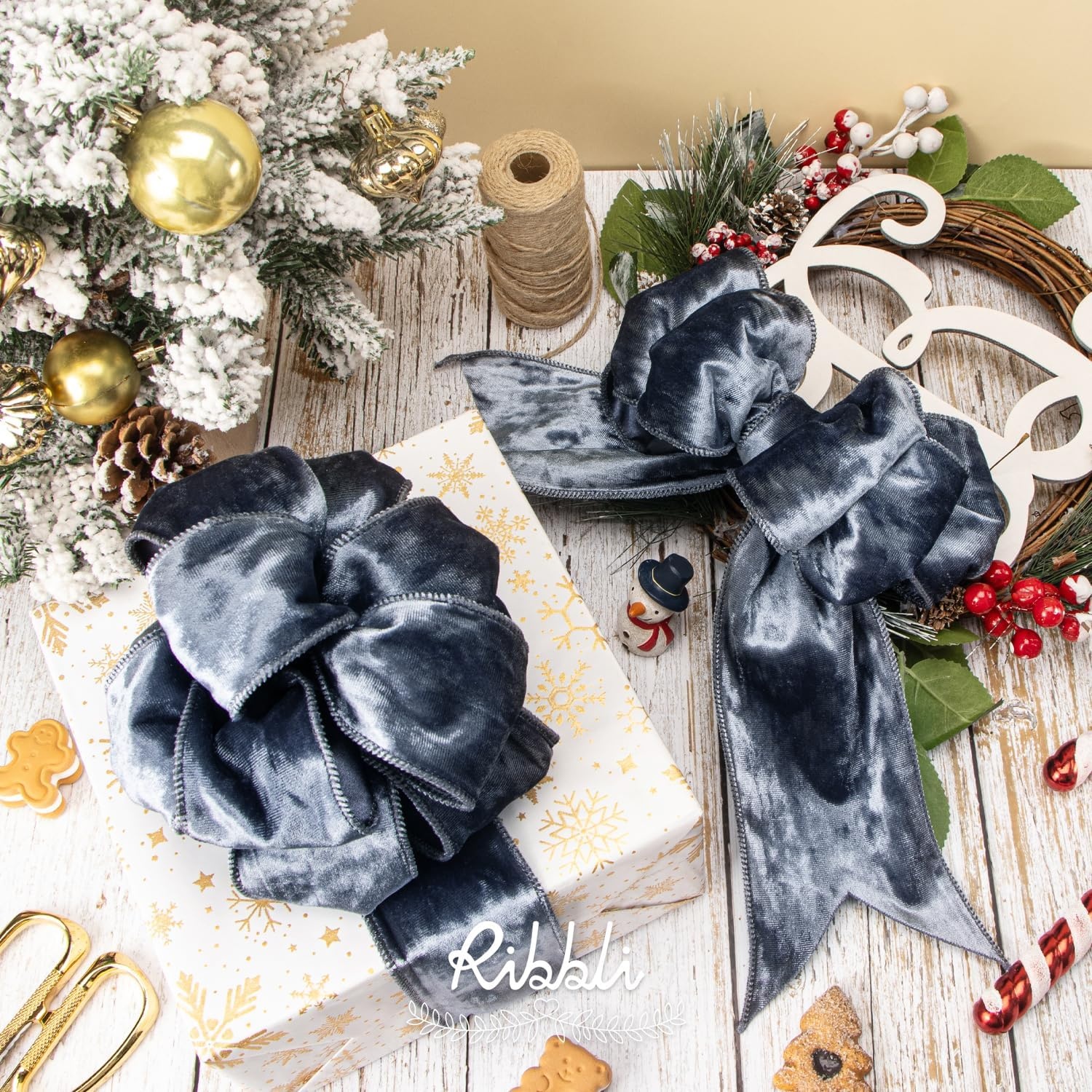 Ribbli Royal Blue Velvet Wired Ribbon 4 Inch Crushed Velvet Christmas Ribbon for Gift Wrapping Christmas Tree Decoration Crafts Wreaths Supplies-Continuous 10 Yards(Dusty Blue)