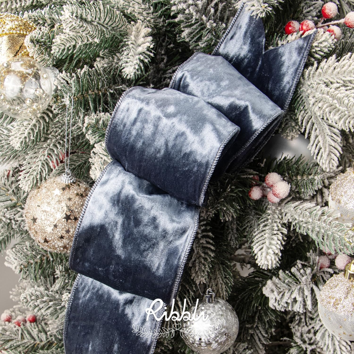 Ribbli Royal Blue Velvet Wired Ribbon 4 Inch Crushed Velvet Christmas Ribbon for Gift Wrapping Christmas Tree Decoration Crafts Wreaths Supplies-Continuous 10 Yards(Dusty Blue)