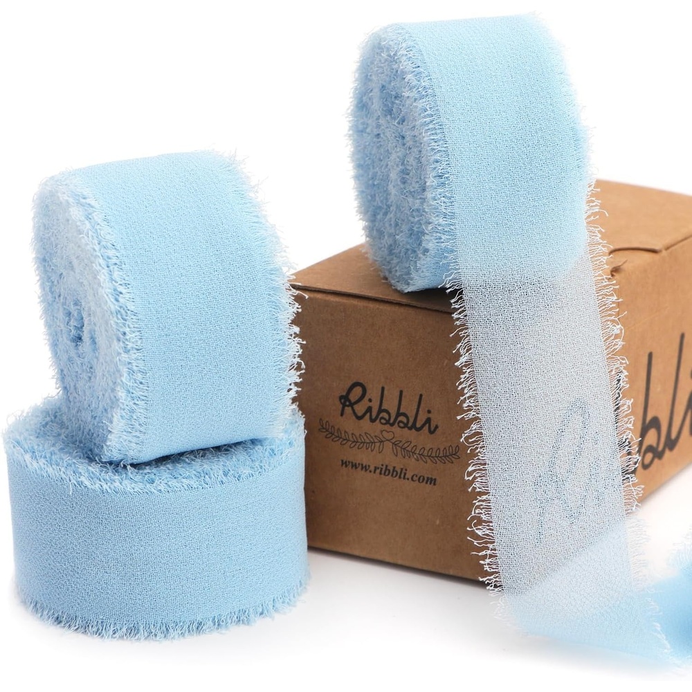 Ribbli Creamy Sage Ribbon 1 Inch x 3 Rolls Total 24 Yards Light Green Handmade Fringe Chiffon Silk Ribbon for Wrapping Wedding Invitations Bridal Bouquets DIY Crafts Home Decor(Baby Blue)