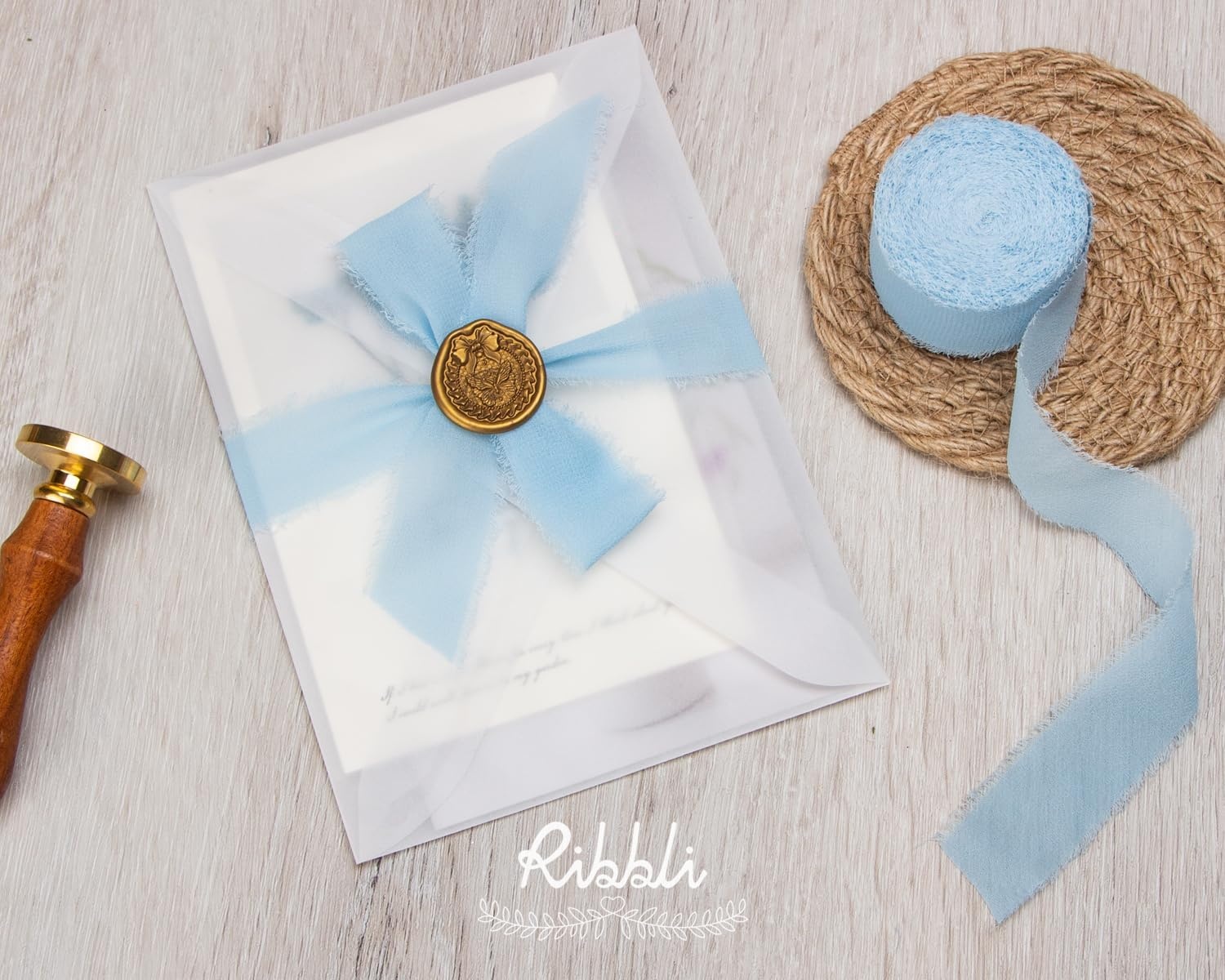 Ribbli Creamy Sage Ribbon 1 Inch x 3 Rolls Total 24 Yards Light Green Handmade Fringe Chiffon Silk Ribbon for Wrapping Wedding Invitations Bridal Bouquets DIY Crafts Home Decor(Baby Blue)