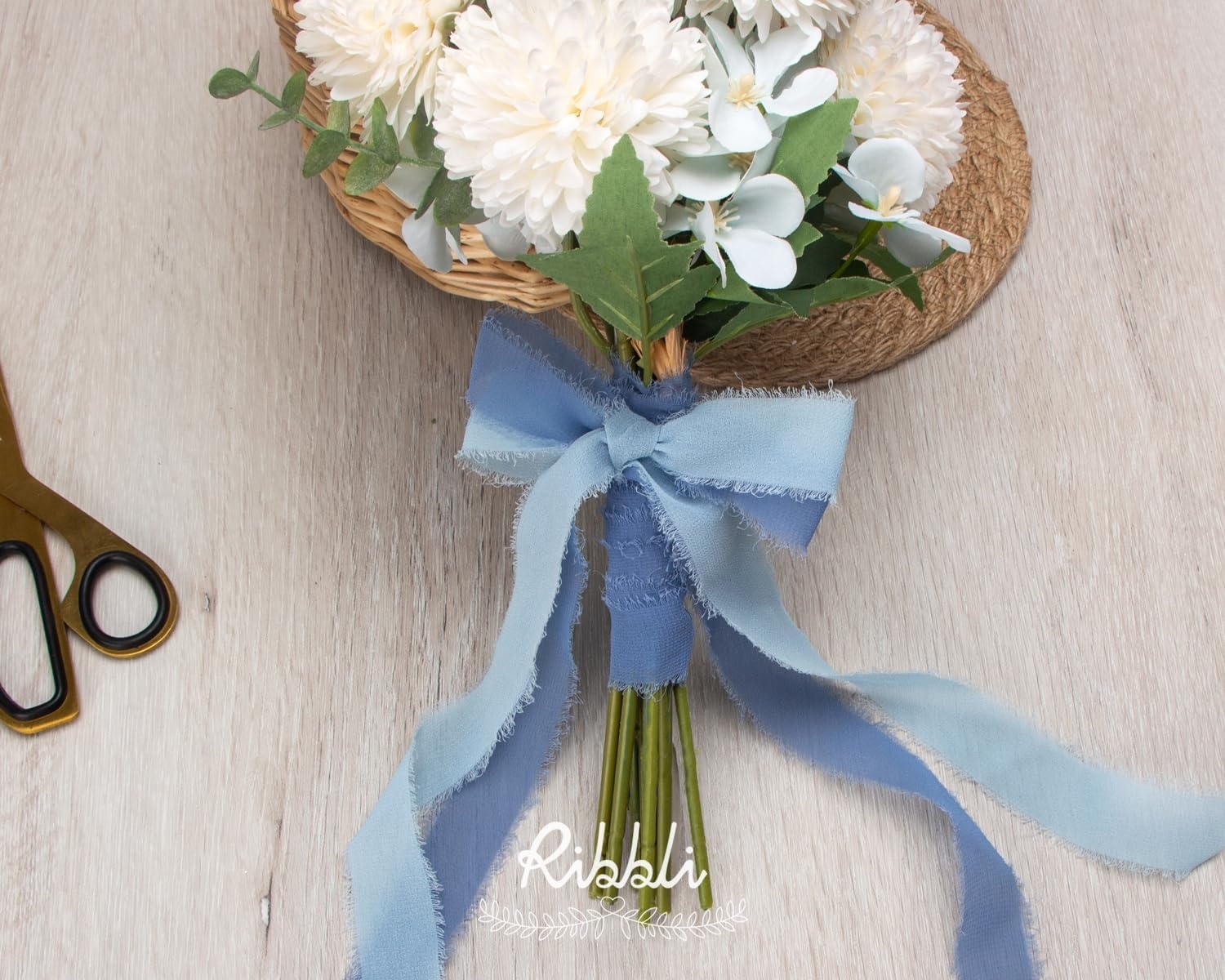 Ribbli Creamy Sage Ribbon 1 Inch x 3 Rolls Total 24 Yards Light Green Handmade Fringe Chiffon Silk Ribbon for Wrapping Wedding Invitations Bridal Bouquets DIY Crafts Home Decor(Baby Blue)