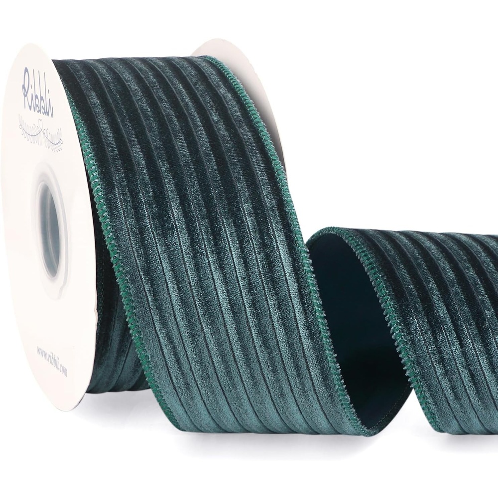 Ribbli Glossy Dusty Green Velvet Wired Ribbon 2.5 Inch Striped Velvet Christmas Ribbon for Gift Wrapping Christmas Tree Decoration Crafts Wreaths Supplies-Continuous 10 Yards(Teal)