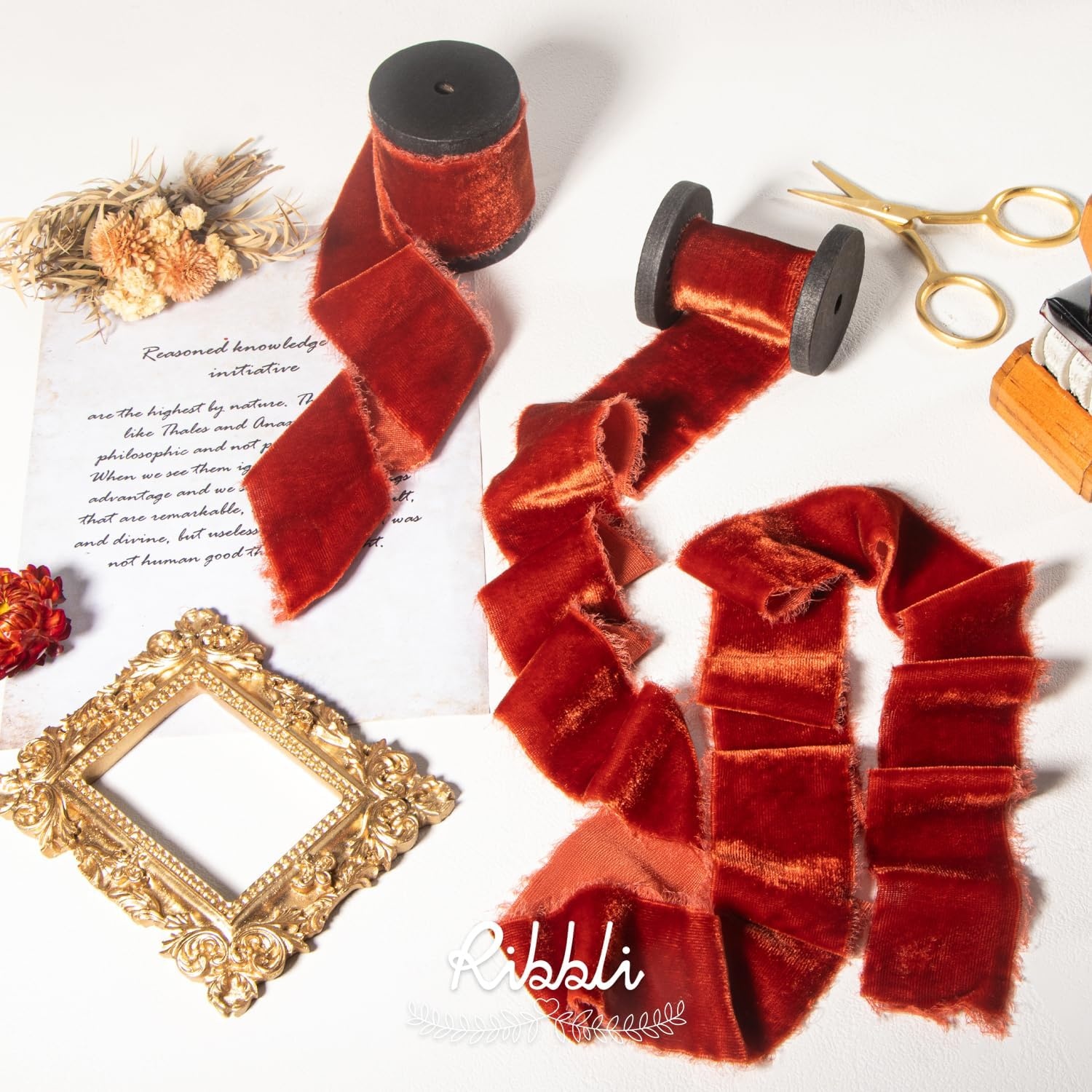 Ribbli Burgundy Velvet Ribbon 1.5 Inch Handmade Frayed Vintage Christmas Ribbon for Gift Wrapping Christmas Tree Ornament Wreath Craft Home Decor -Total 3 Yards with Wooden Spool(Rust Red)