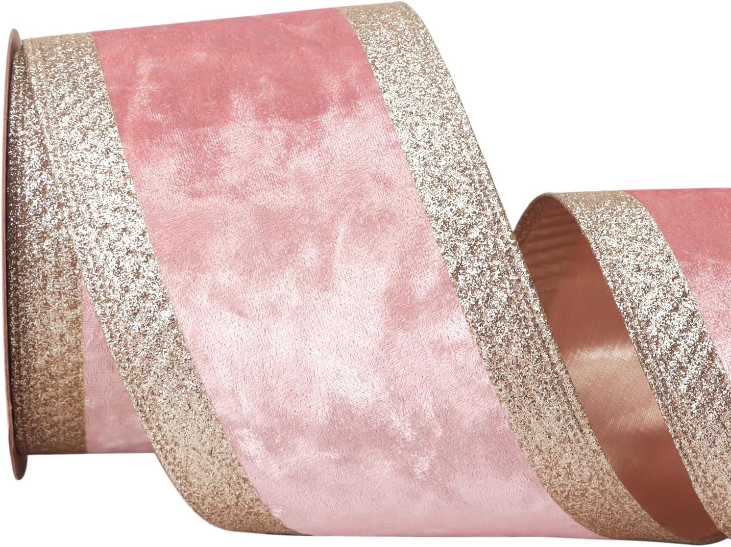 Ribbli Dusty Green Velvet Wired Ribbon with Glitter Edge 4 Inch Christmas Ribbon for Tree Gift Wrapping Wreaths Garland Topper Bows Crafts Home Decor -10 Yards(Light Pink)