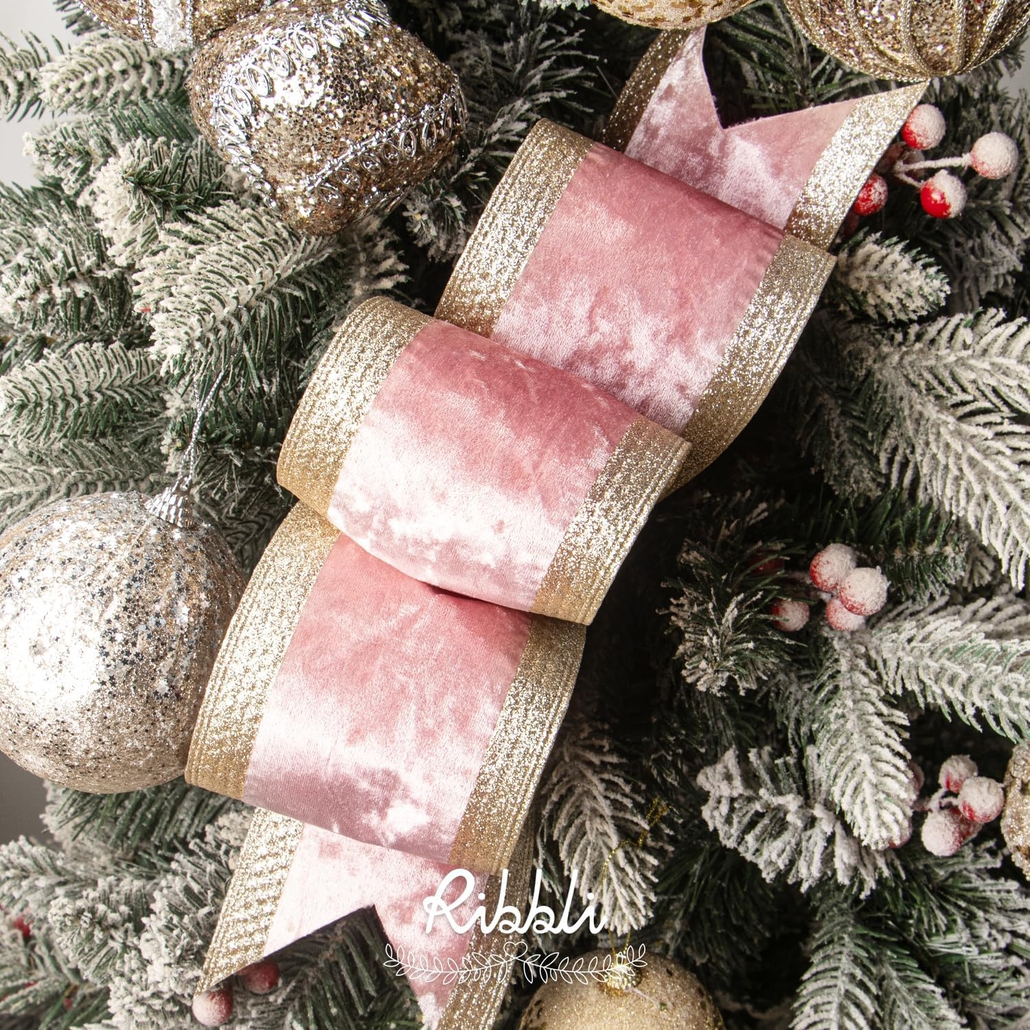 Ribbli Dusty Green Velvet Wired Ribbon with Glitter Edge 4 Inch Christmas Ribbon for Tree Gift Wrapping Wreaths Garland Topper Bows Crafts Home Decor -10 Yards(Light Pink)