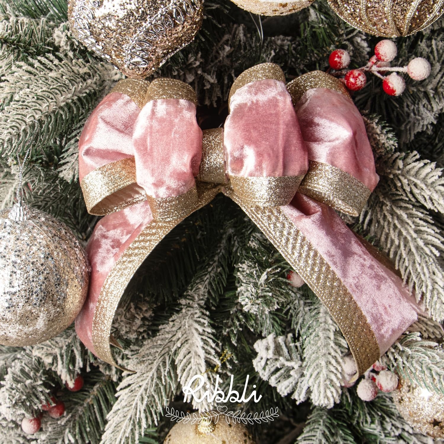 Ribbli Dusty Green Velvet Wired Ribbon with Glitter Edge 4 Inch Christmas Ribbon for Tree Gift Wrapping Wreaths Garland Topper Bows Crafts Home Decor -10 Yards(Light Pink)