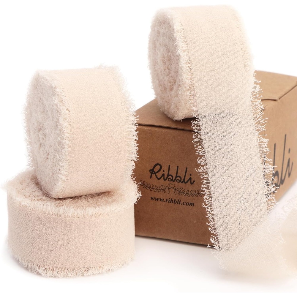 Ribbli Creamy Sage Ribbon 1 Inch x 3 Rolls Total 24 Yards Light Green Handmade Fringe Chiffon Silk Ribbon for Wrapping Wedding Invitations Bridal Bouquets DIY Crafts Home Decor(Nude)
