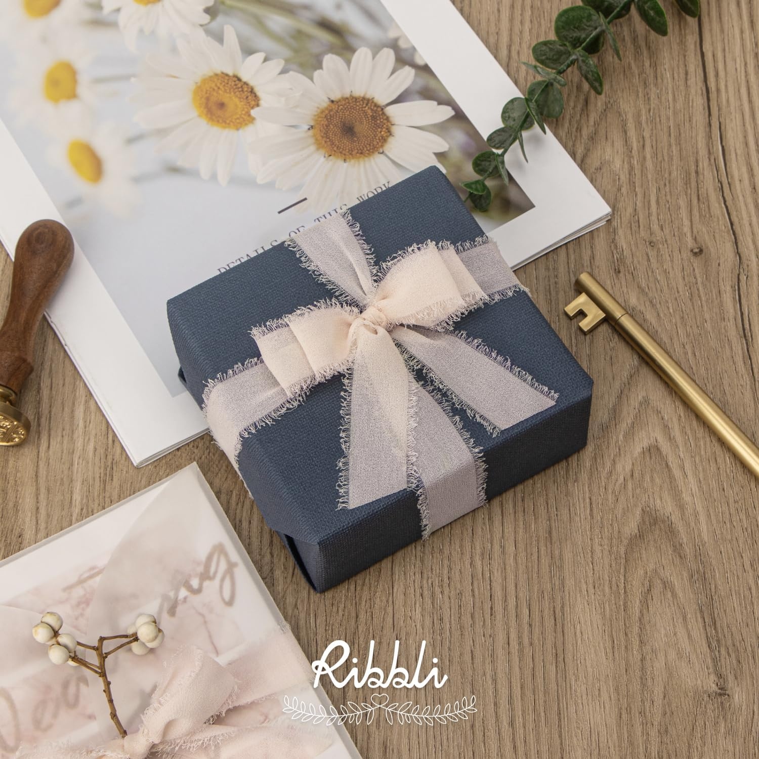 Ribbli Creamy Sage Ribbon 1 Inch x 3 Rolls Total 24 Yards Light Green Handmade Fringe Chiffon Silk Ribbon for Wrapping Wedding Invitations Bridal Bouquets DIY Crafts Home Decor(Nude)