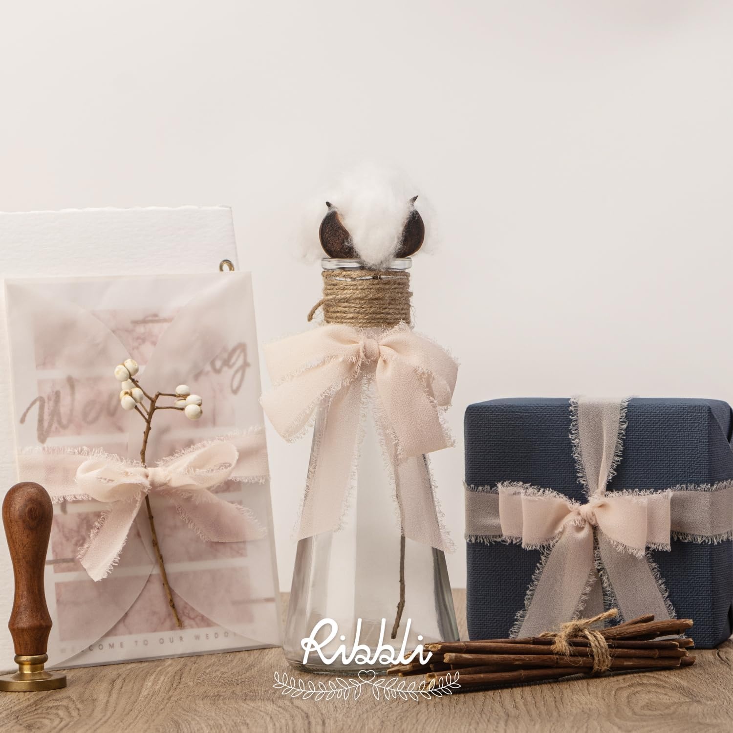 Ribbli Creamy Sage Ribbon 1 Inch x 3 Rolls Total 24 Yards Light Green Handmade Fringe Chiffon Silk Ribbon for Wrapping Wedding Invitations Bridal Bouquets DIY Crafts Home Decor(Nude)