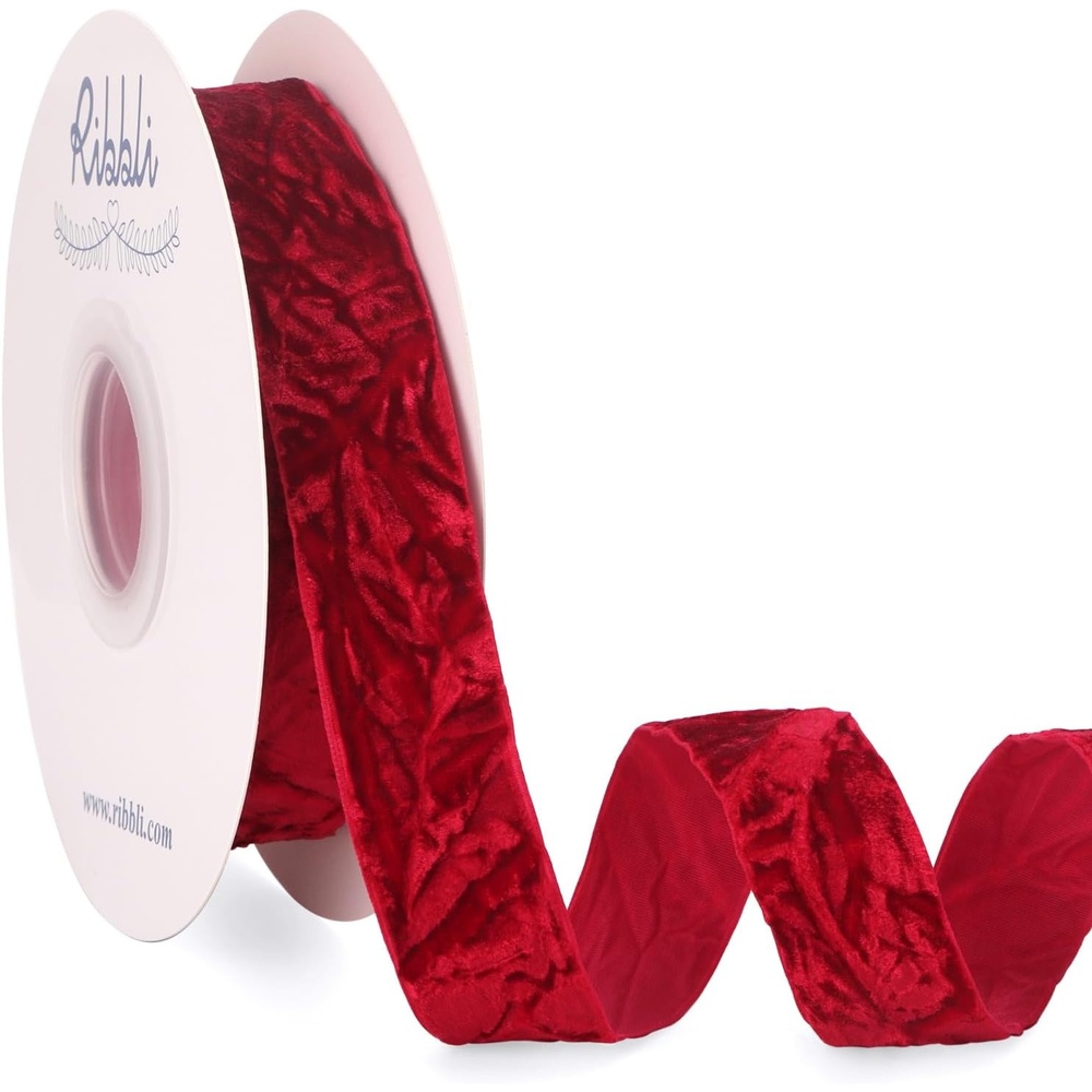 Ribbli Dusty Blue Velvet Ribbon 1 Inches Luxury Crinkled Blue Christmas Ribbon for Gift Wrapping Crafts Home Decor-Continuous 10 Yard(Dark Red)
