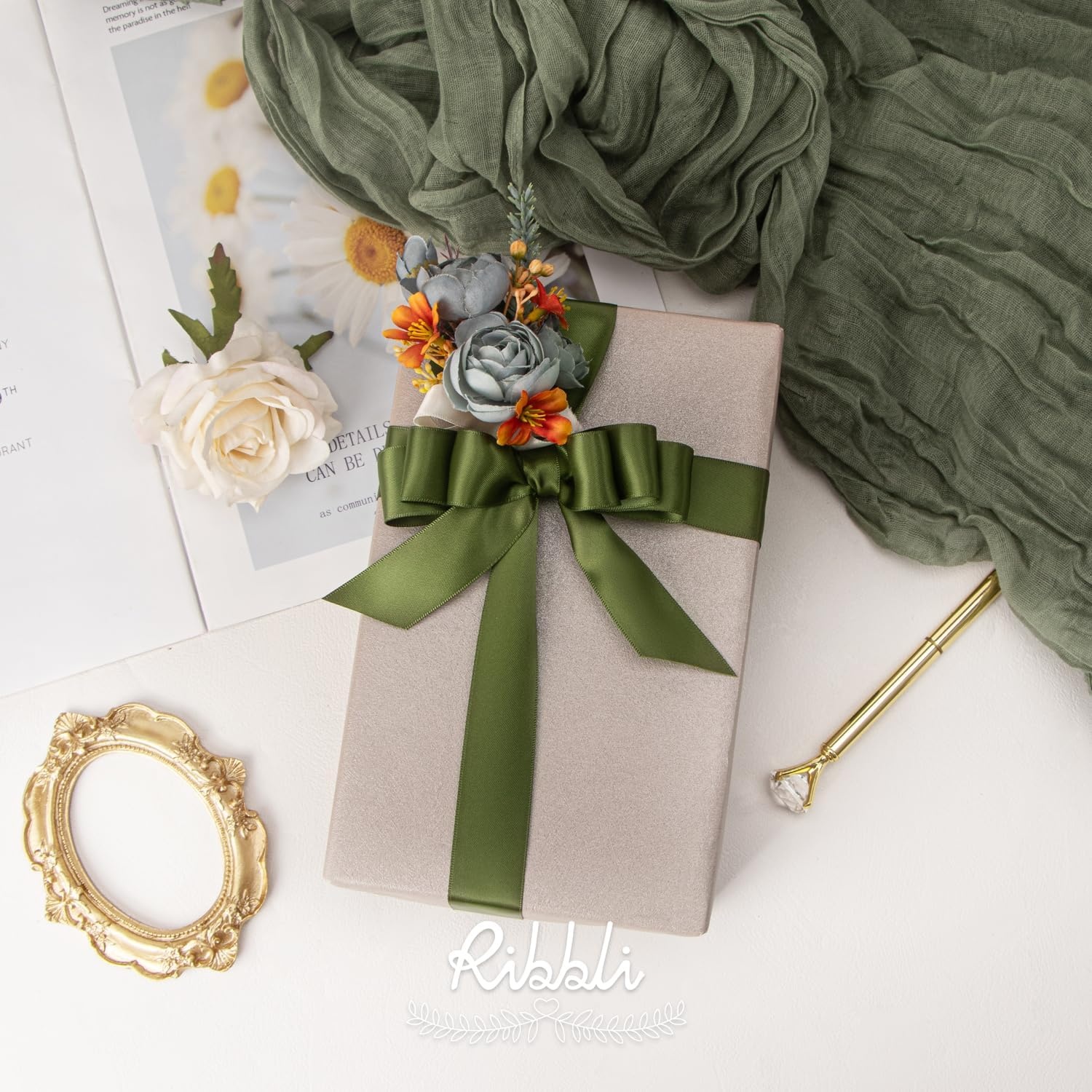 Ribbli Double Faced Rose Gold Satin Ribbon,3/8 x Continuous 25 Yards,Use for Bows Bouquet,Gift Wrapping,Floral Arrangement(Green Moss)