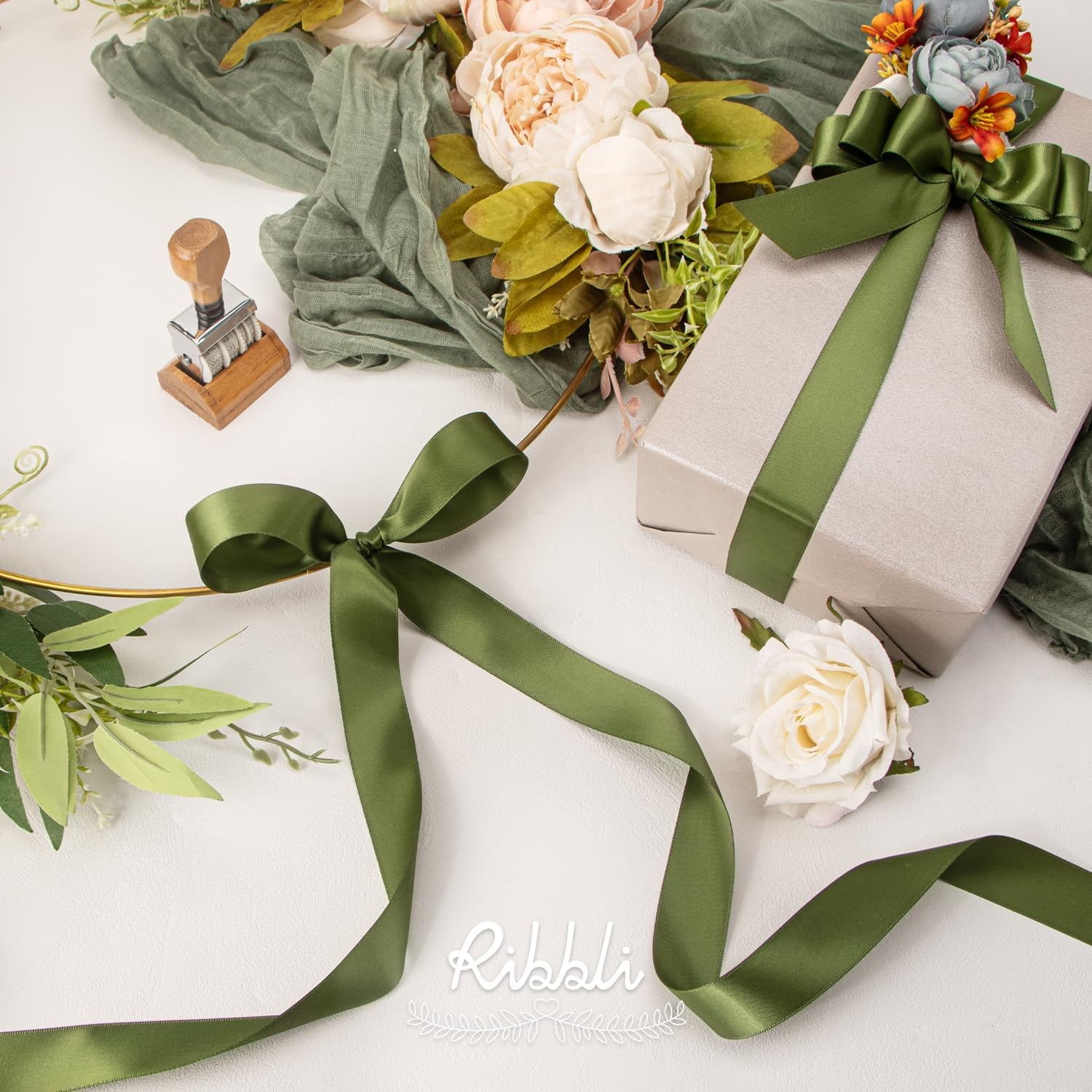 Ribbli Double Faced Rose Gold Satin Ribbon,3/8 x Continuous 25 Yards,Use for Bows Bouquet,Gift Wrapping,Floral Arrangement(Green Moss)
