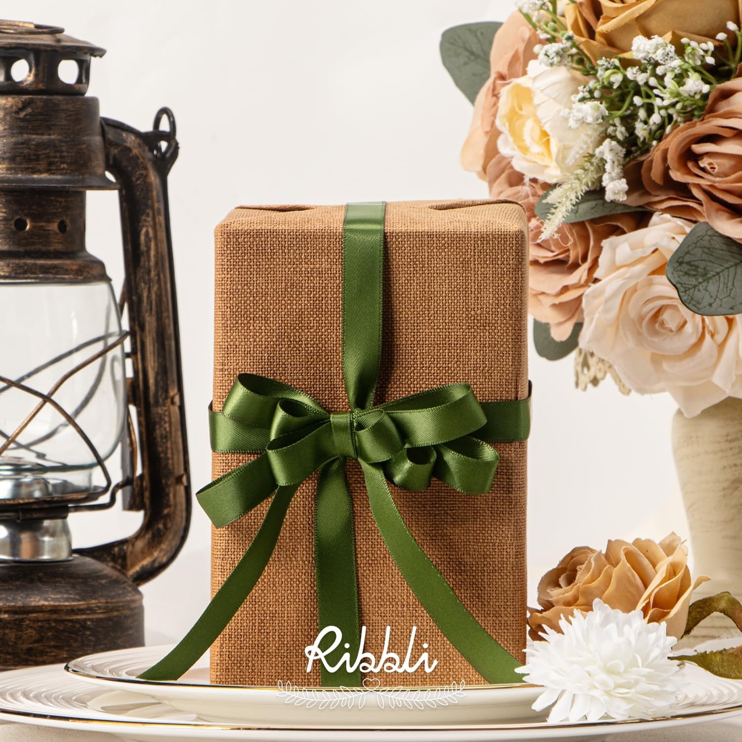 Ribbli Double Faced Rose Gold Satin Ribbon,3/8 x Continuous 25 Yards,Use for Bows Bouquet,Gift Wrapping,Floral Arrangement(Green Moss)
