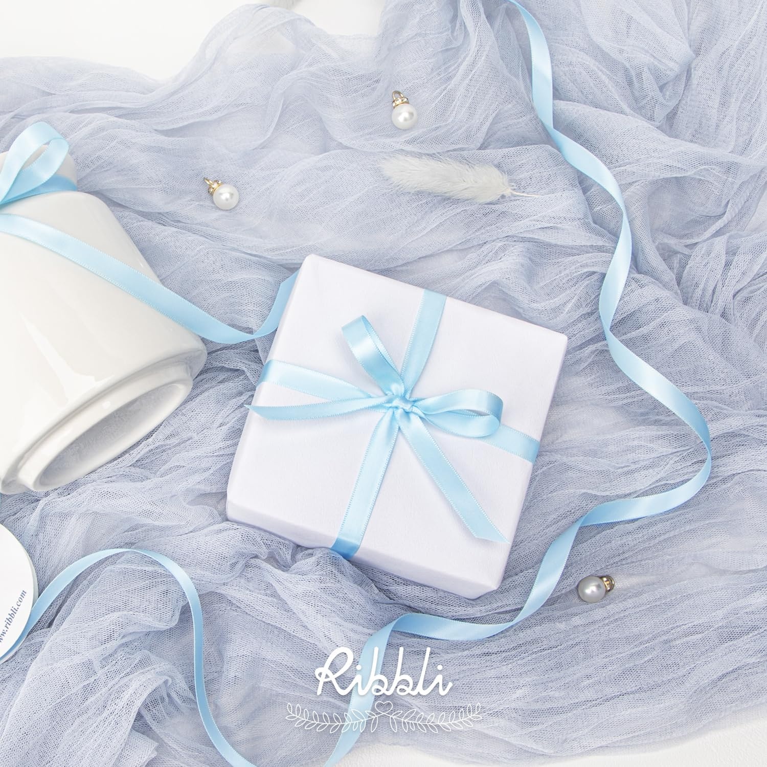 Ribbli Champagne Gold Satin Ribbon Double Faced Satin 3/8 Inch x Continuous 50 Yards-Champagne Ribbon for Gift Wrapping Crafts Wedding Decoration Bows Bouquet Floral Arrangement(Blue Light)