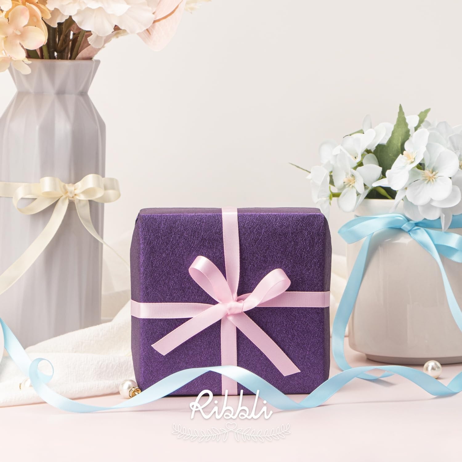 Ribbli Champagne Gold Satin Ribbon Double Faced Satin 3/8 Inch x Continuous 50 Yards-Champagne Ribbon for Gift Wrapping Crafts Wedding Decoration Bows Bouquet Floral Arrangement(Blue Light)