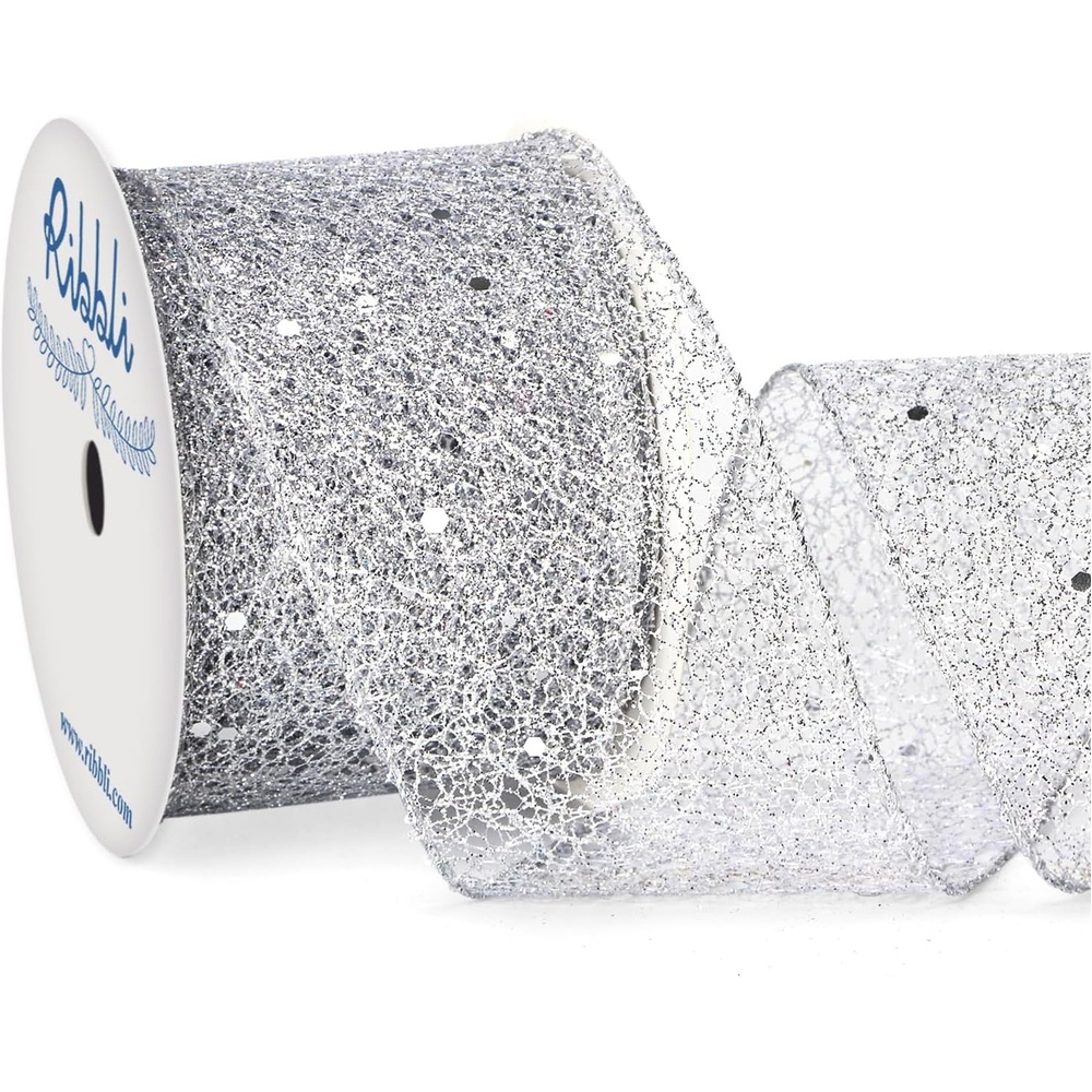 Ribbli Gold Glitter Wired Ribbon for Christmas Tree Fine Mesh Sparkling 2.5 Inch x 10 Yard Christmas Wired Ribbon for Gift Wrapping Crafts Wreath Supplies(Silver)