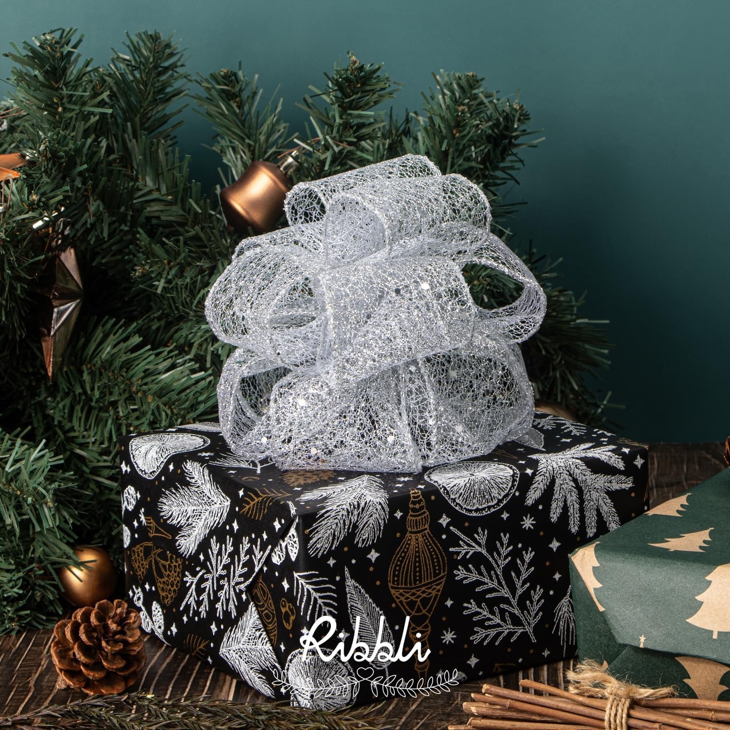 Ribbli Gold Glitter Wired Ribbon for Christmas Tree Fine Mesh Sparkling 2.5 Inch x 10 Yard Christmas Wired Ribbon for Gift Wrapping Crafts Wreath Supplies(Silver)